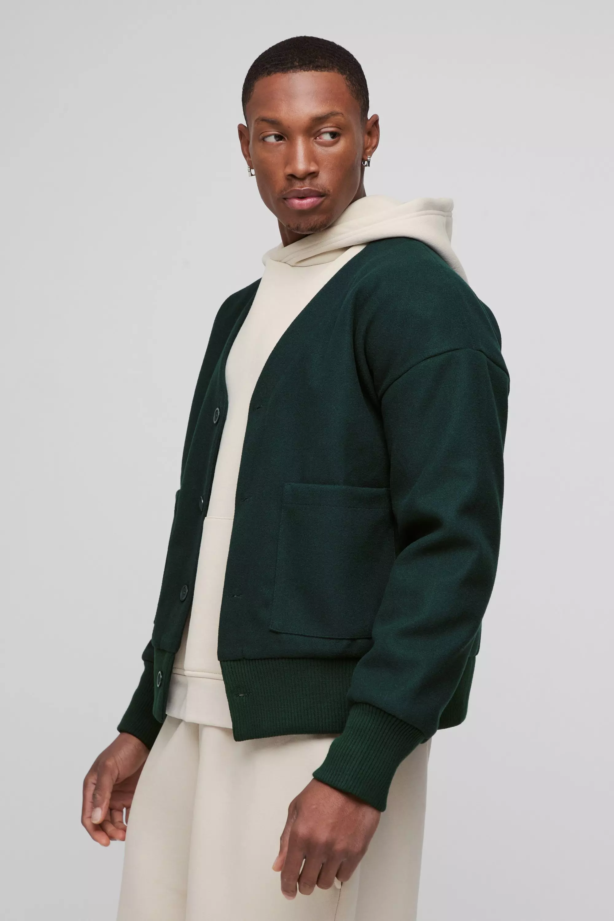 Green Boxy Open Neck Bomber Jacket