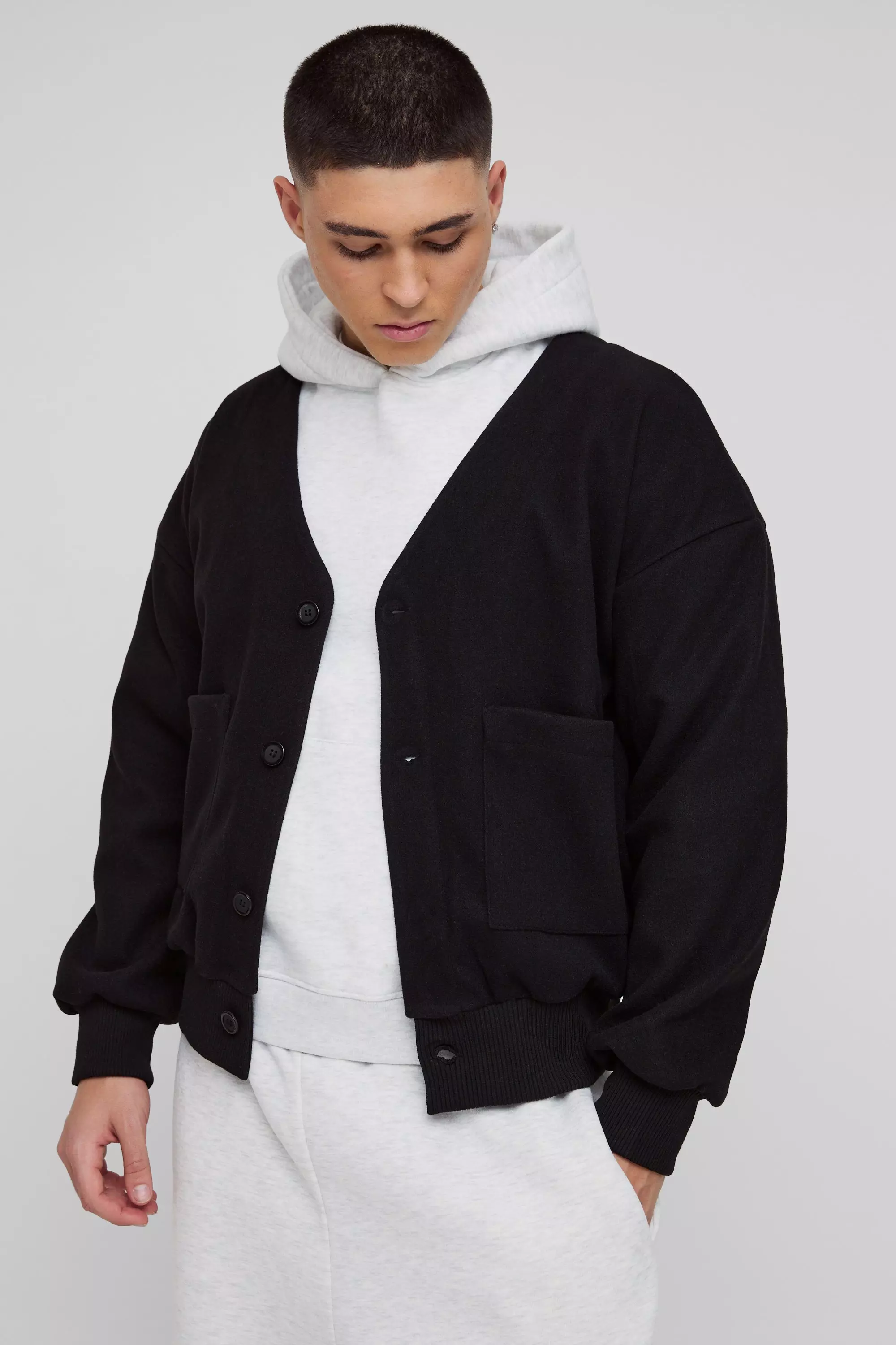 Black Boxy Open Neck Bomber Jacket