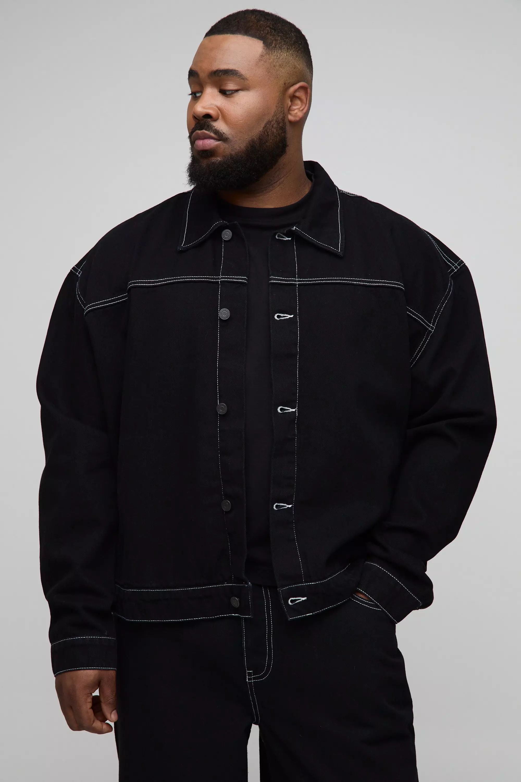 Black Plus Boxy Oversized Contrast Stitch Denim Jacket alternative image