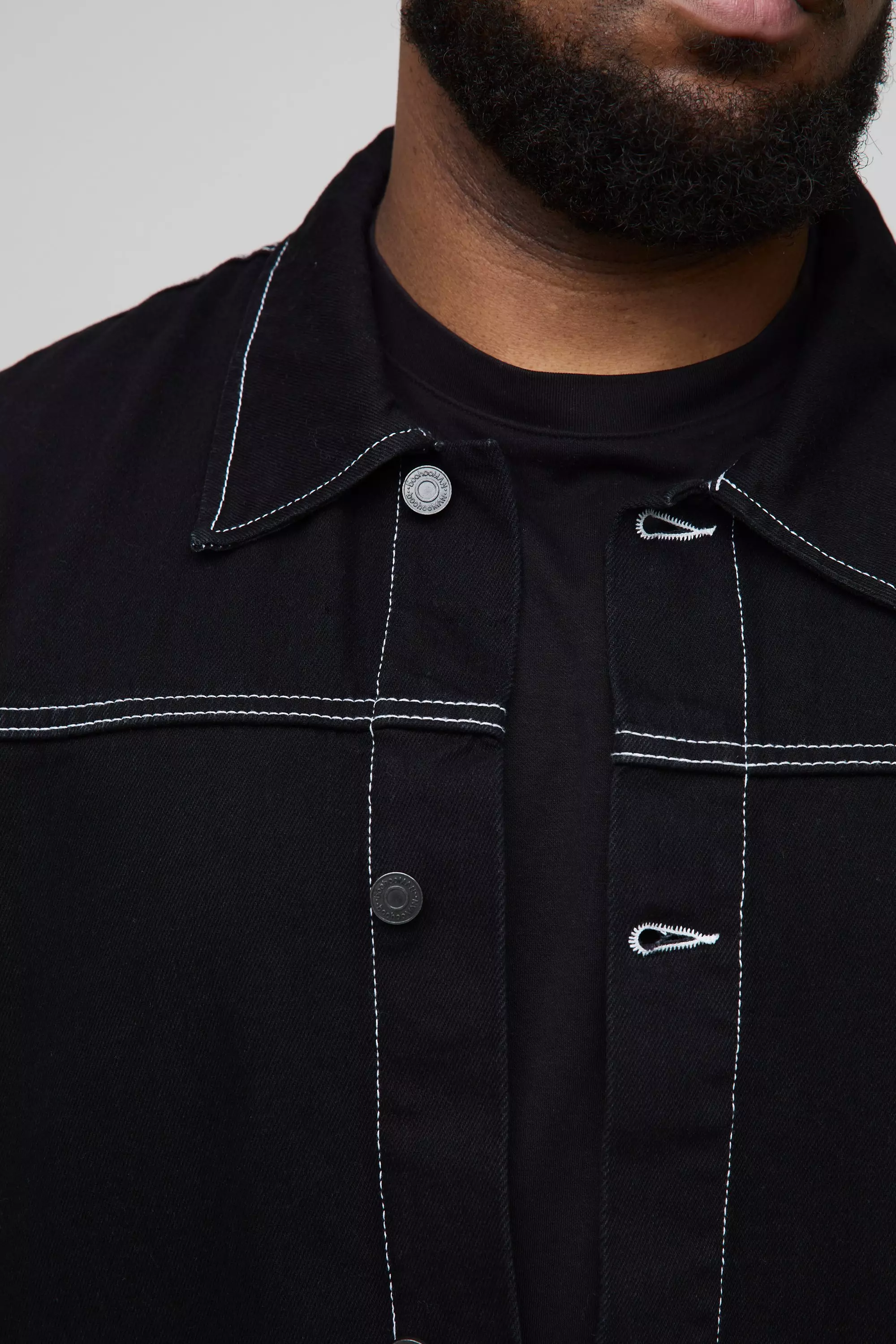 Black Plus Boxy Oversized Contrast Stitch Denim Jacket alternative image
