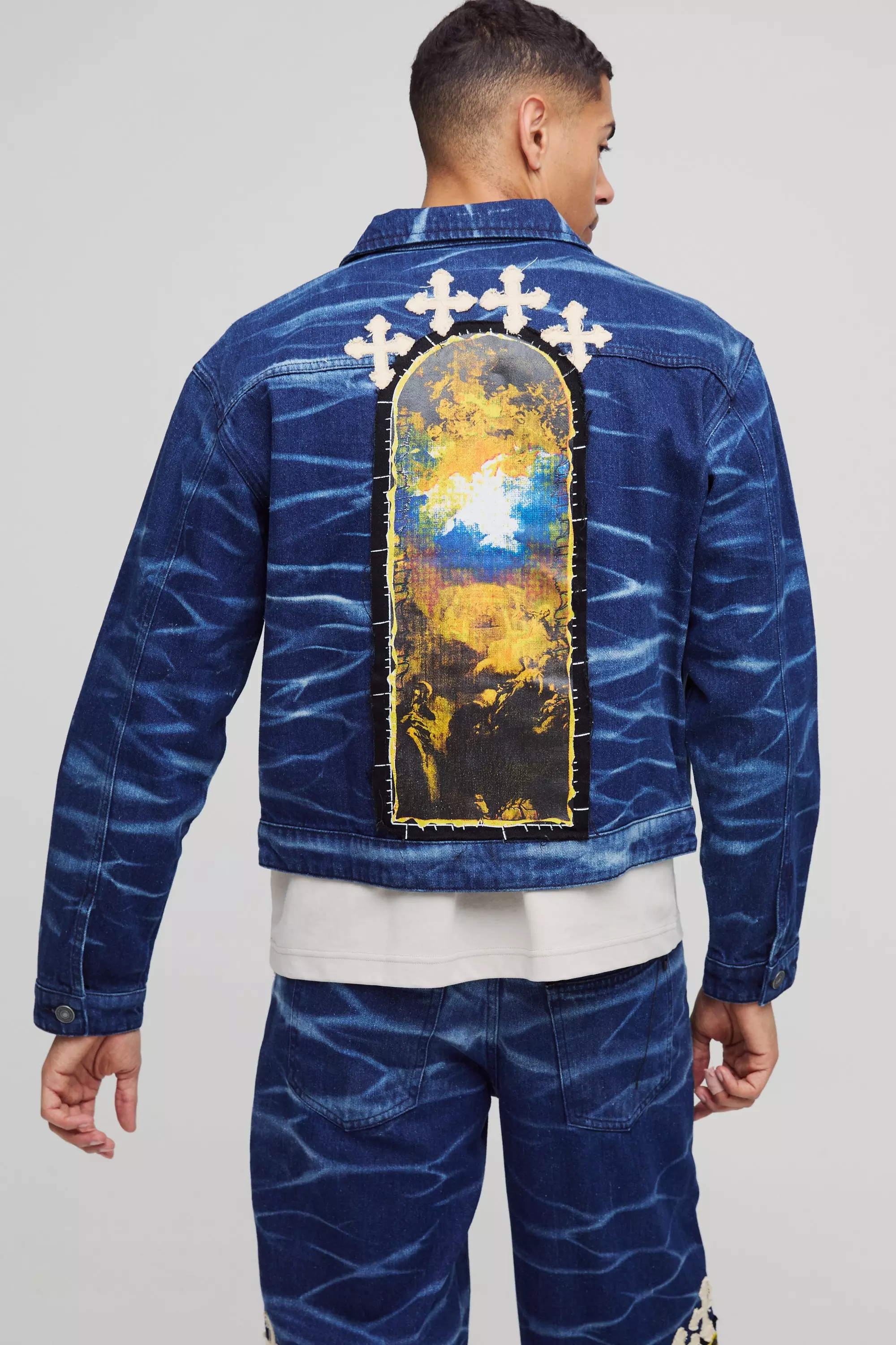Boxy Denim Cross Applique Crinkle Washed Harrington Indigo