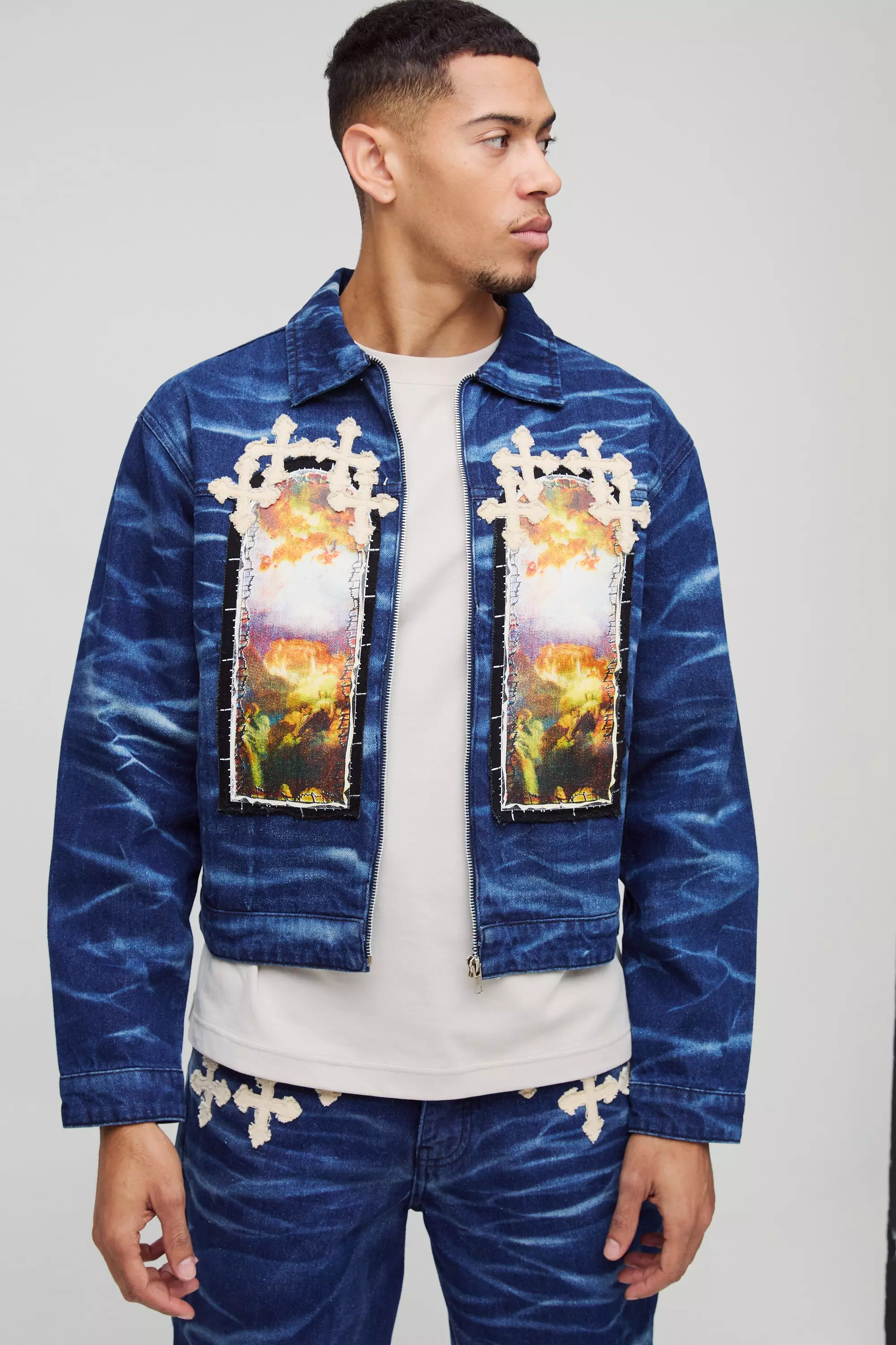 Boxy Denim Cross Applique Crinkle Washed Harrington | boohooMAN USA