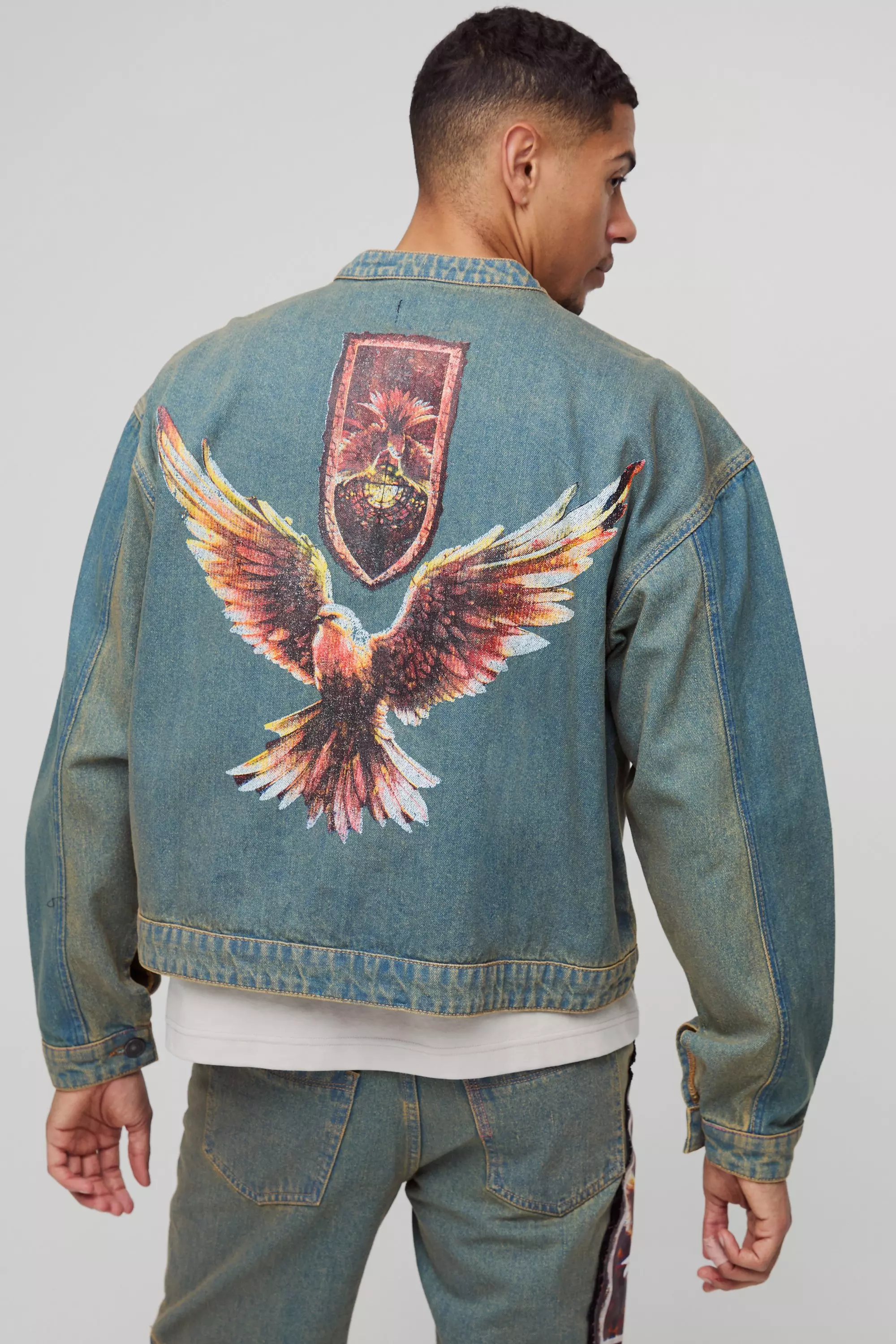 Antique wash Boxy Fit Biker Gothic Applique Jean Jacket alternative image