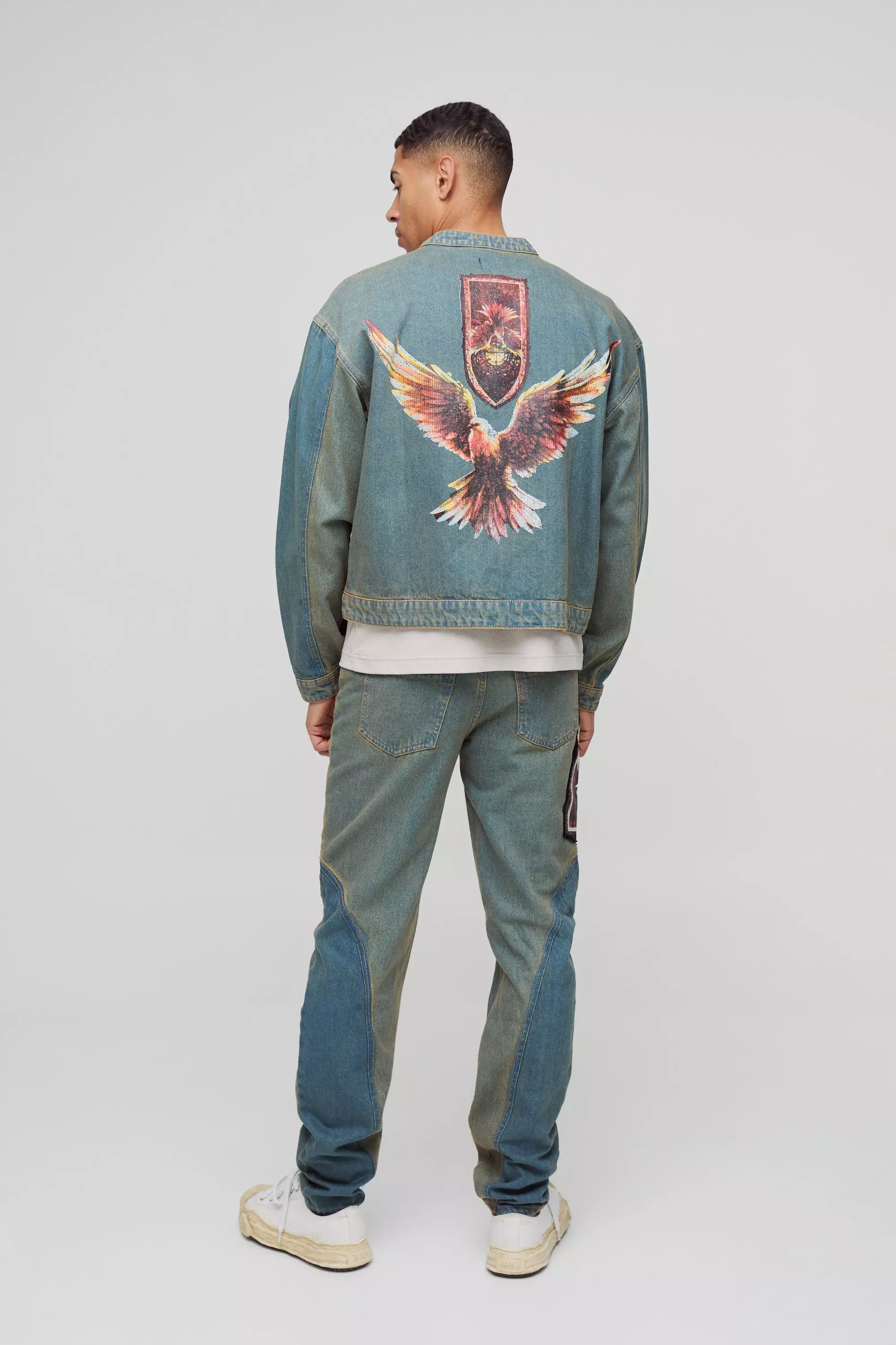 Antique wash Boxy Fit Biker Gothic Applique Jean Jacket alternative image