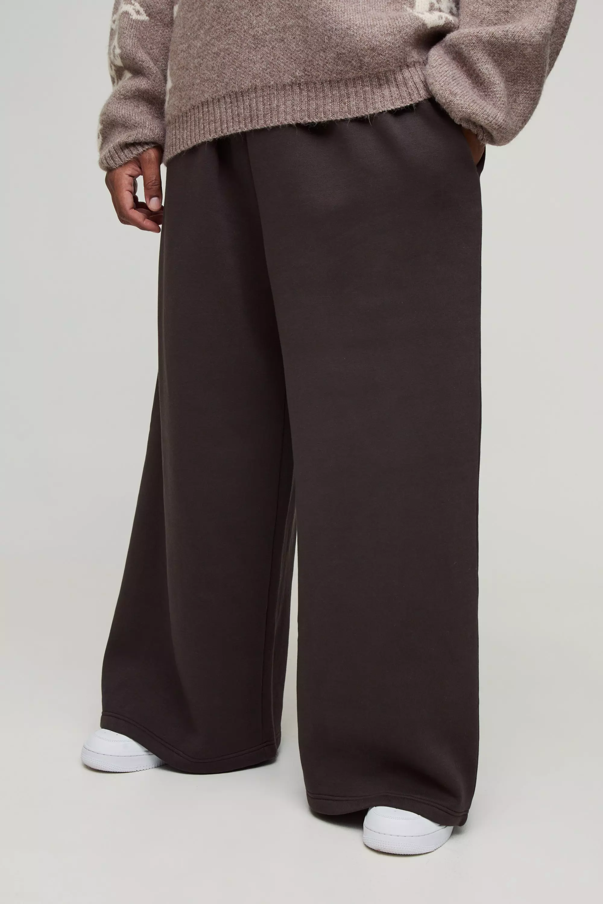 Plus 330GSM Basic Extreme Wide Leg Sweatpants Chocolate