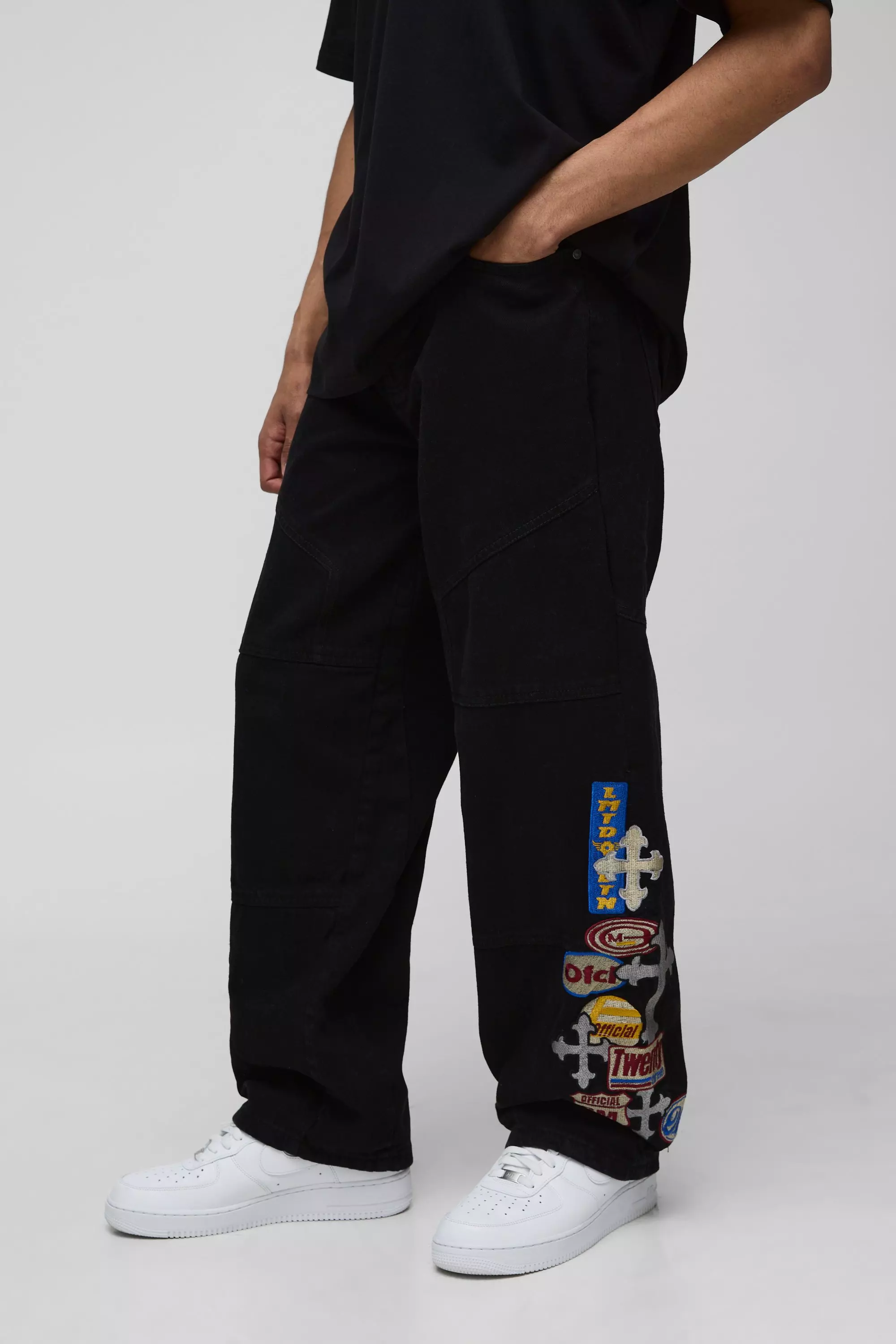 Black Relaxed Moto Badge Cross Applique Panelled Jeans alternative image