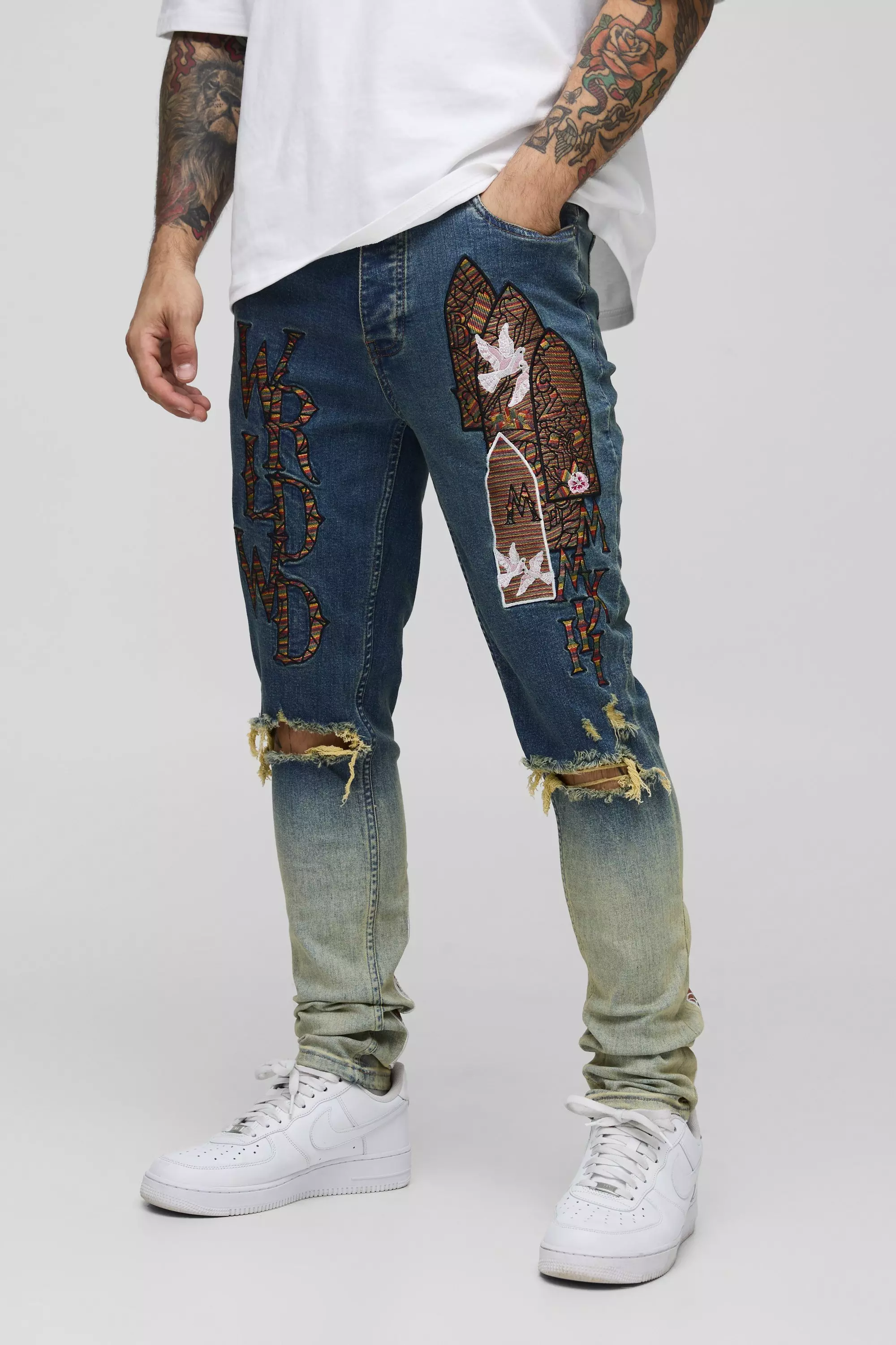 Antique blue Skinny Applique Ripped Jeans alternative image
