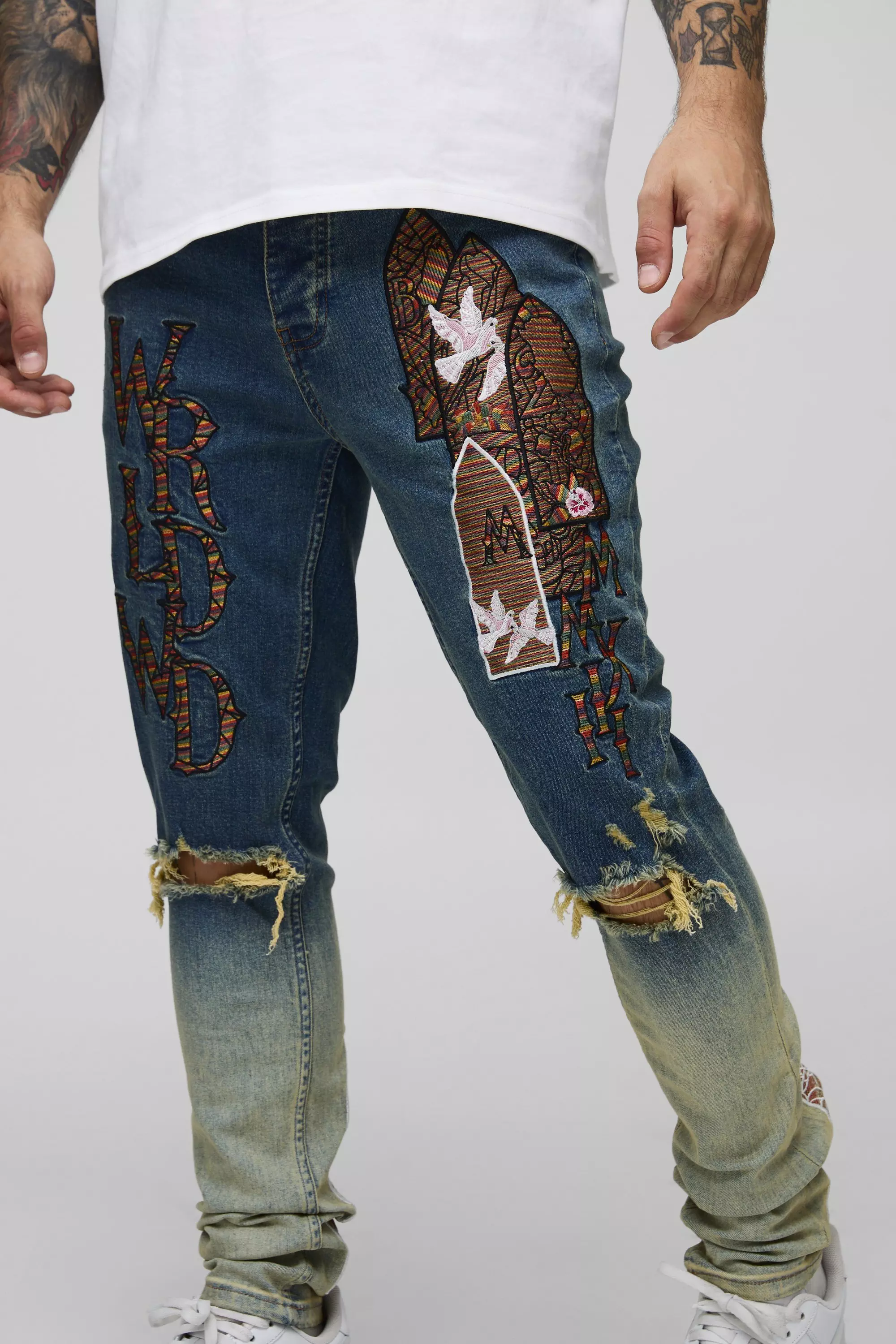 Antique blue Skinny Applique Ripped Jeans alternative image
