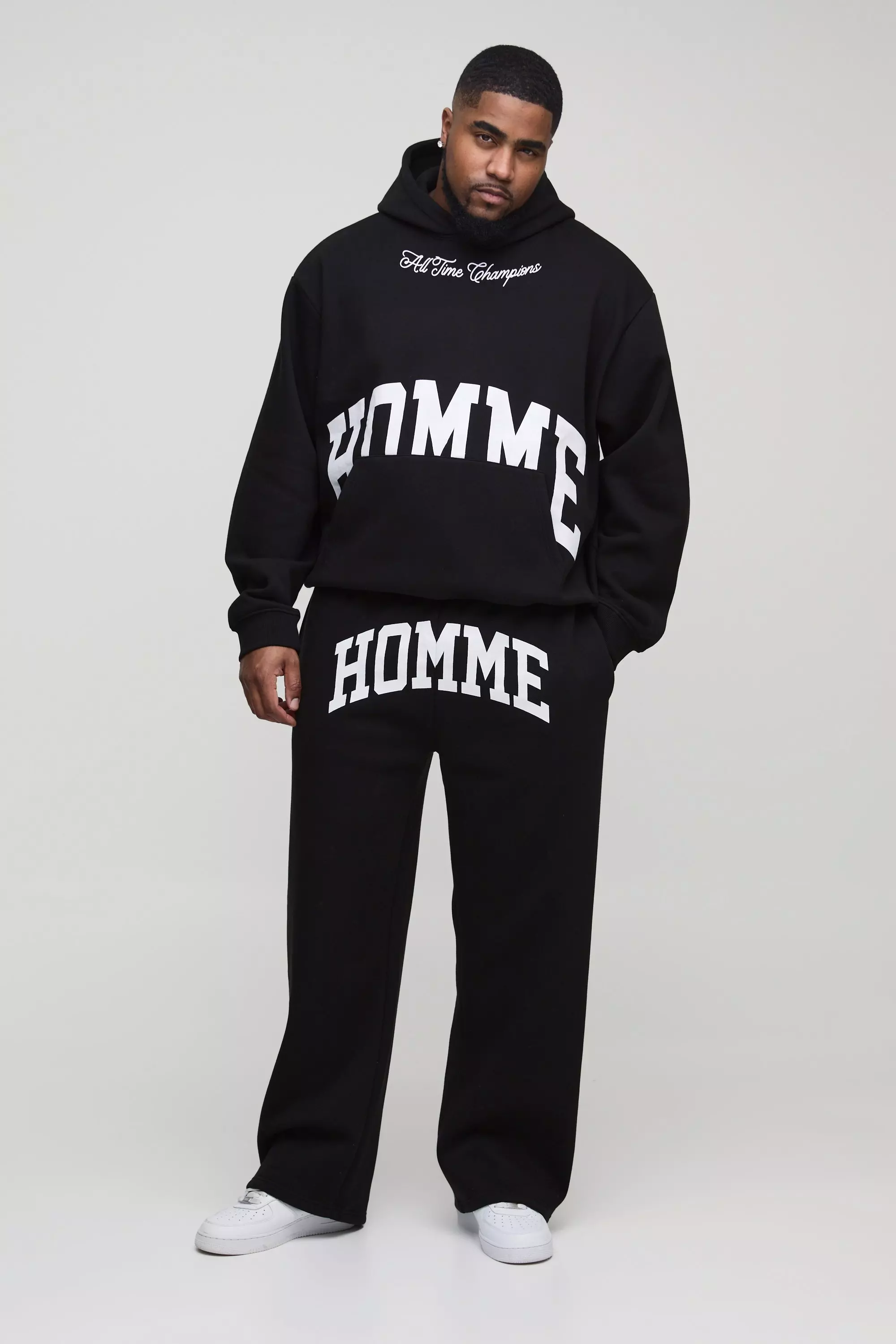 Black Plus Oversized Boxy Split Hem Homme Tracksuit