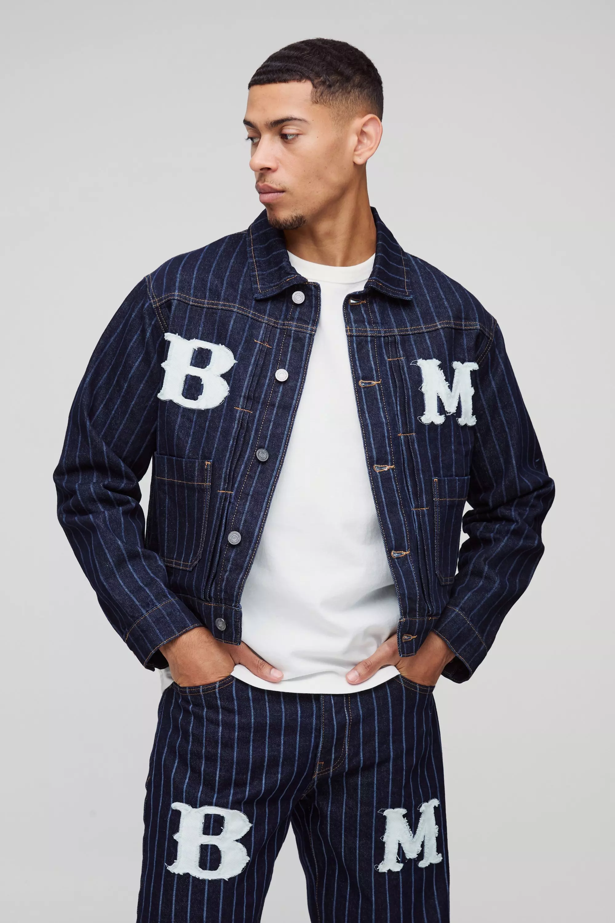 Blue Relaxed Pinstripe Denim Applique Harrington Jacket