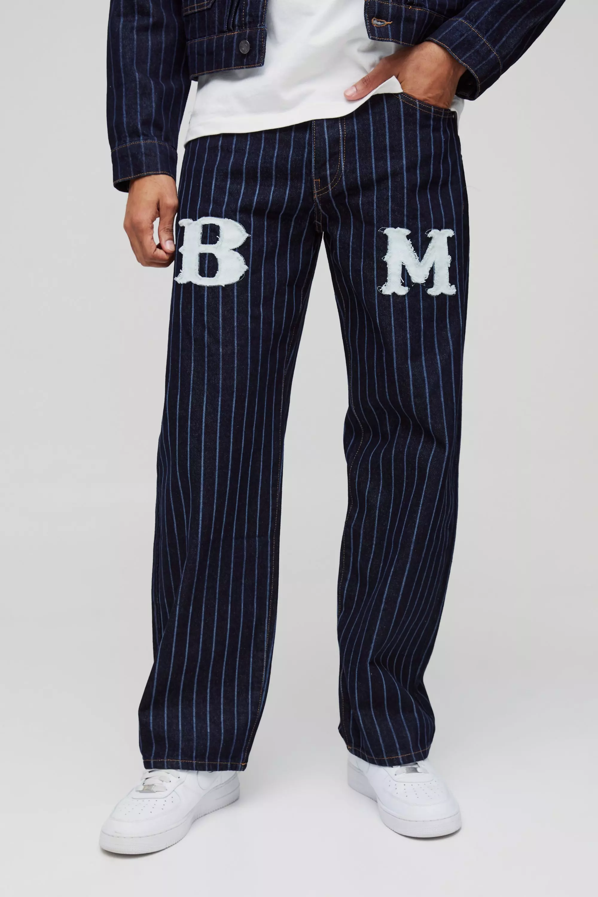 Relaxed Fit Pinstripe Denim Applique Jeans Dark blue