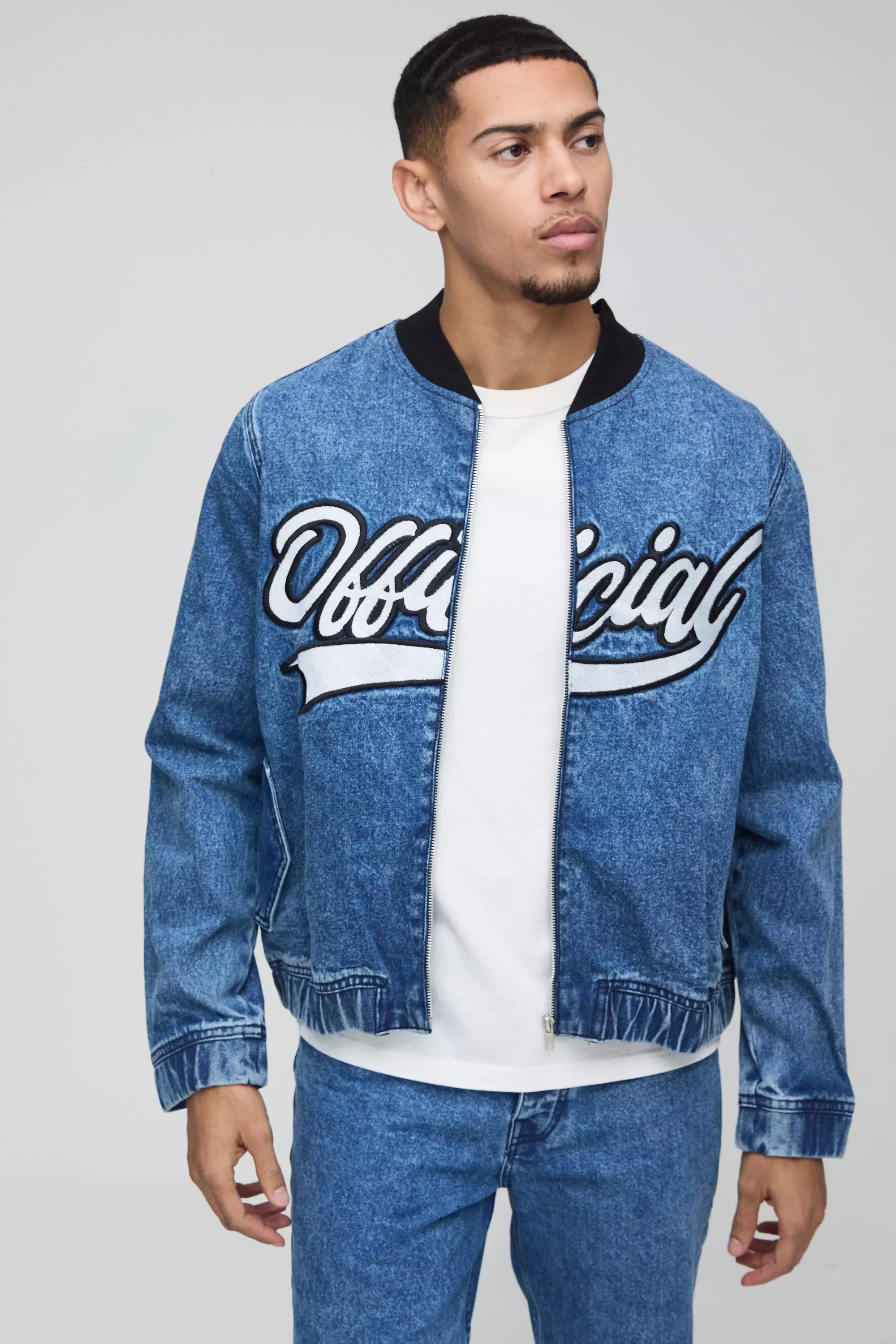 Boxy Official Embroidered Dark Wash Denim Bomber Mid blue