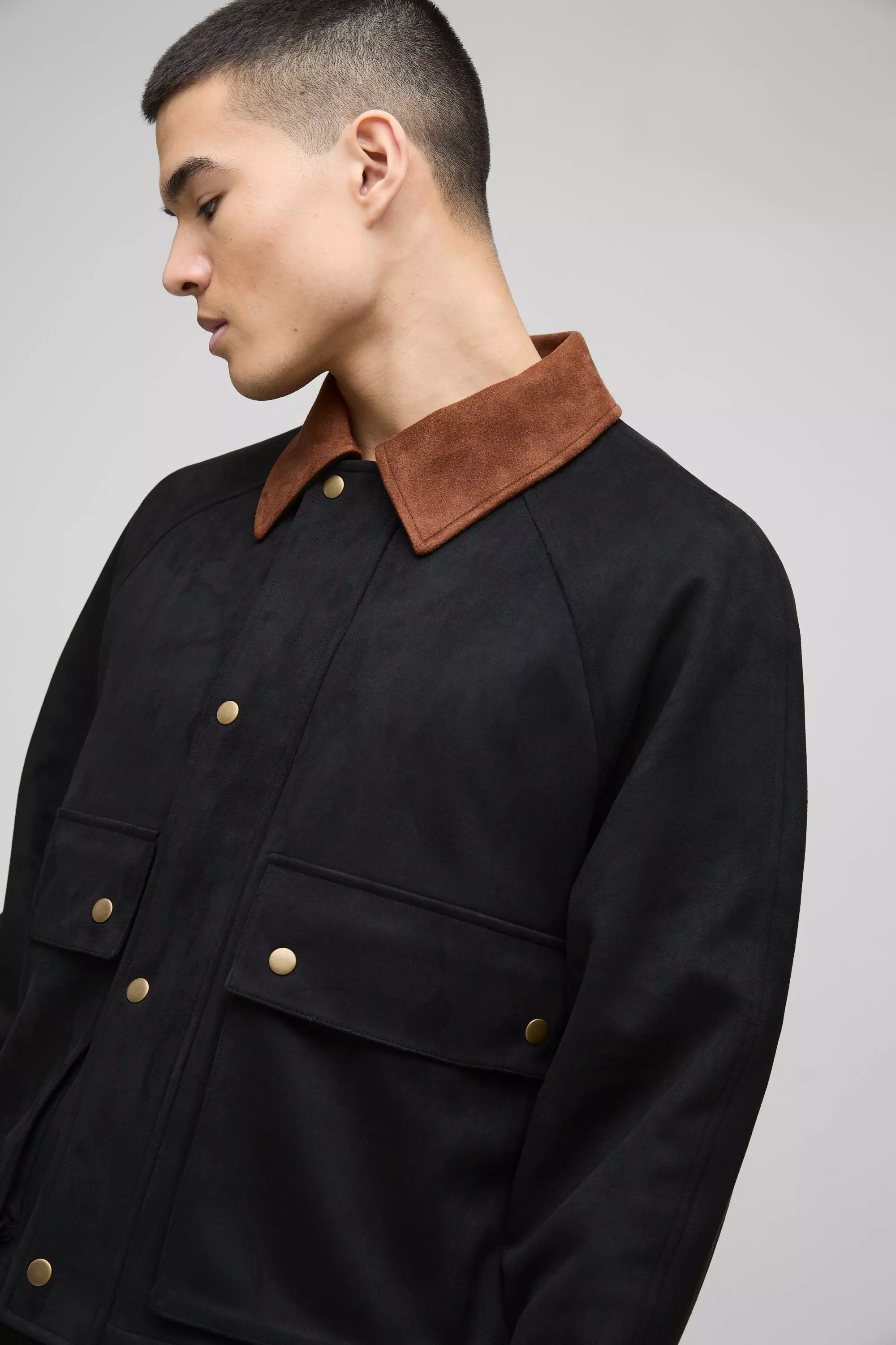 Oversized Boxy Faux Suede Contrast Collar Harrington Jacket | boohooMAN USA