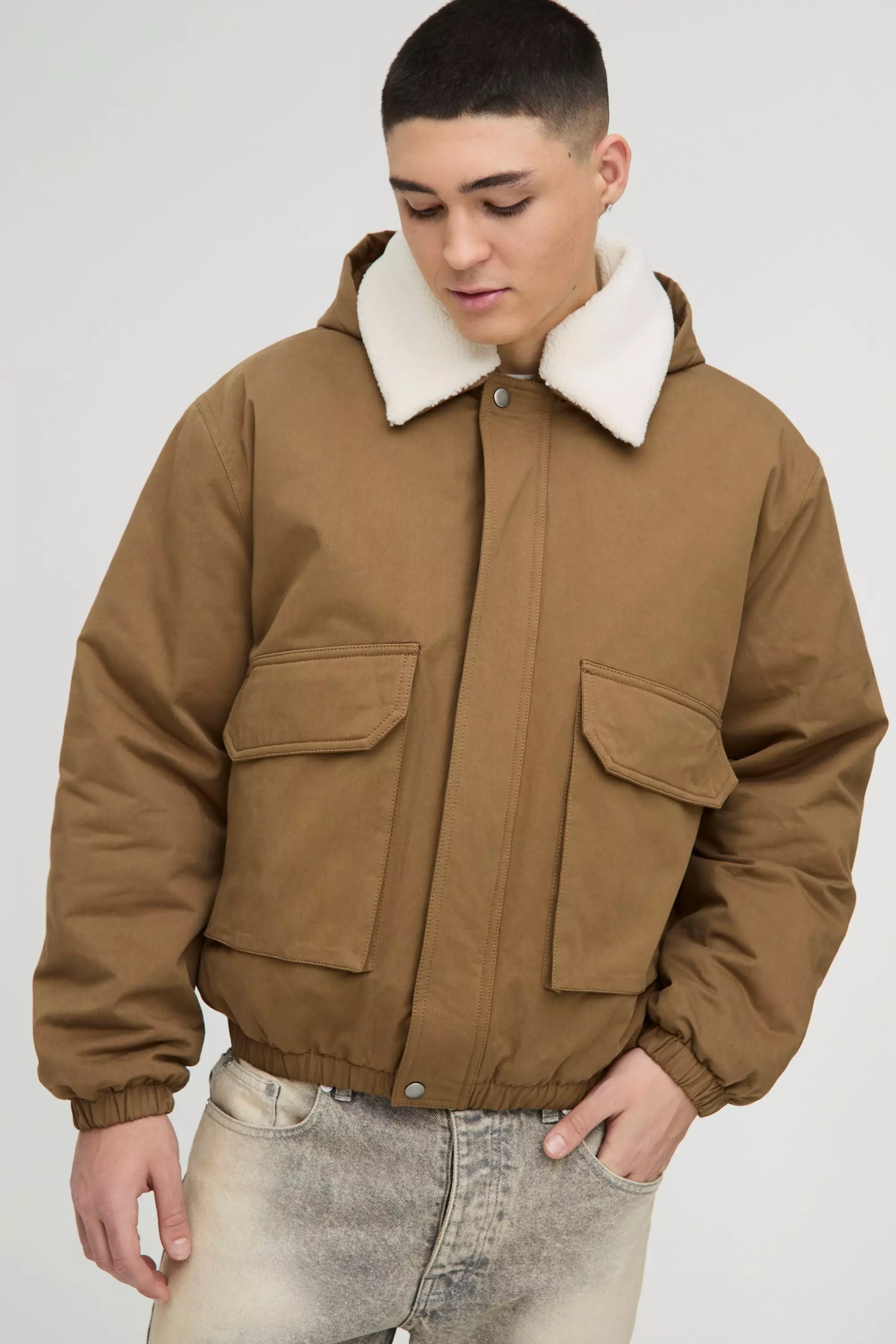 Oversized Borg Collar Twill Hooded Bomber Jacket Tan