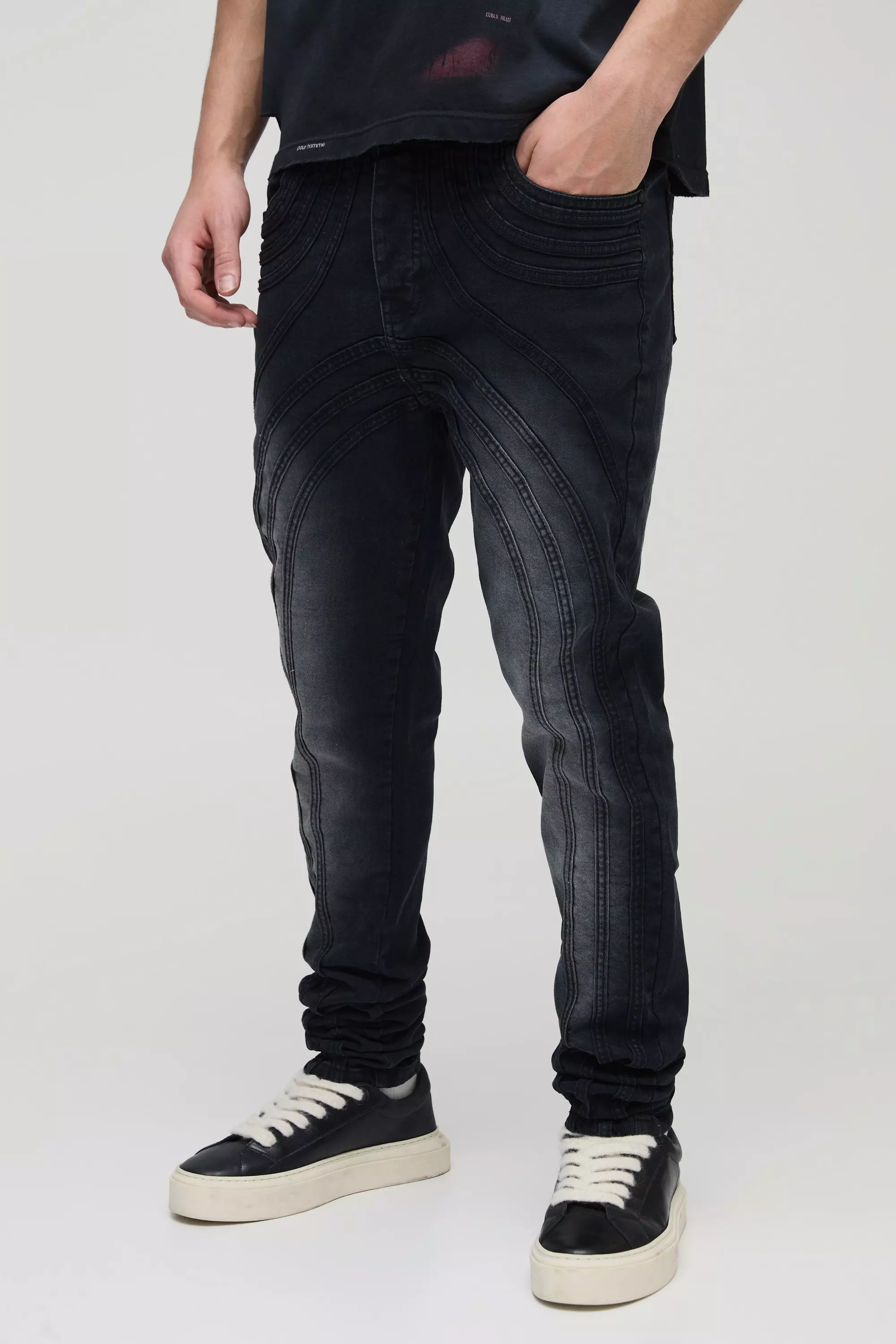 Skinny Stacked Washed Panelled Biker Jeans Washed black