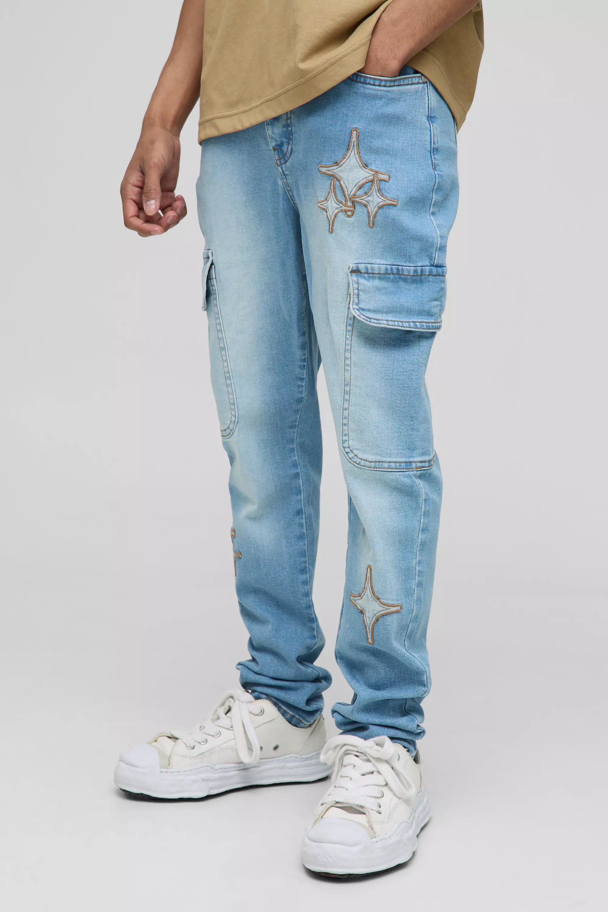 Light Brown Skinny Star Applique Cargo Jeans