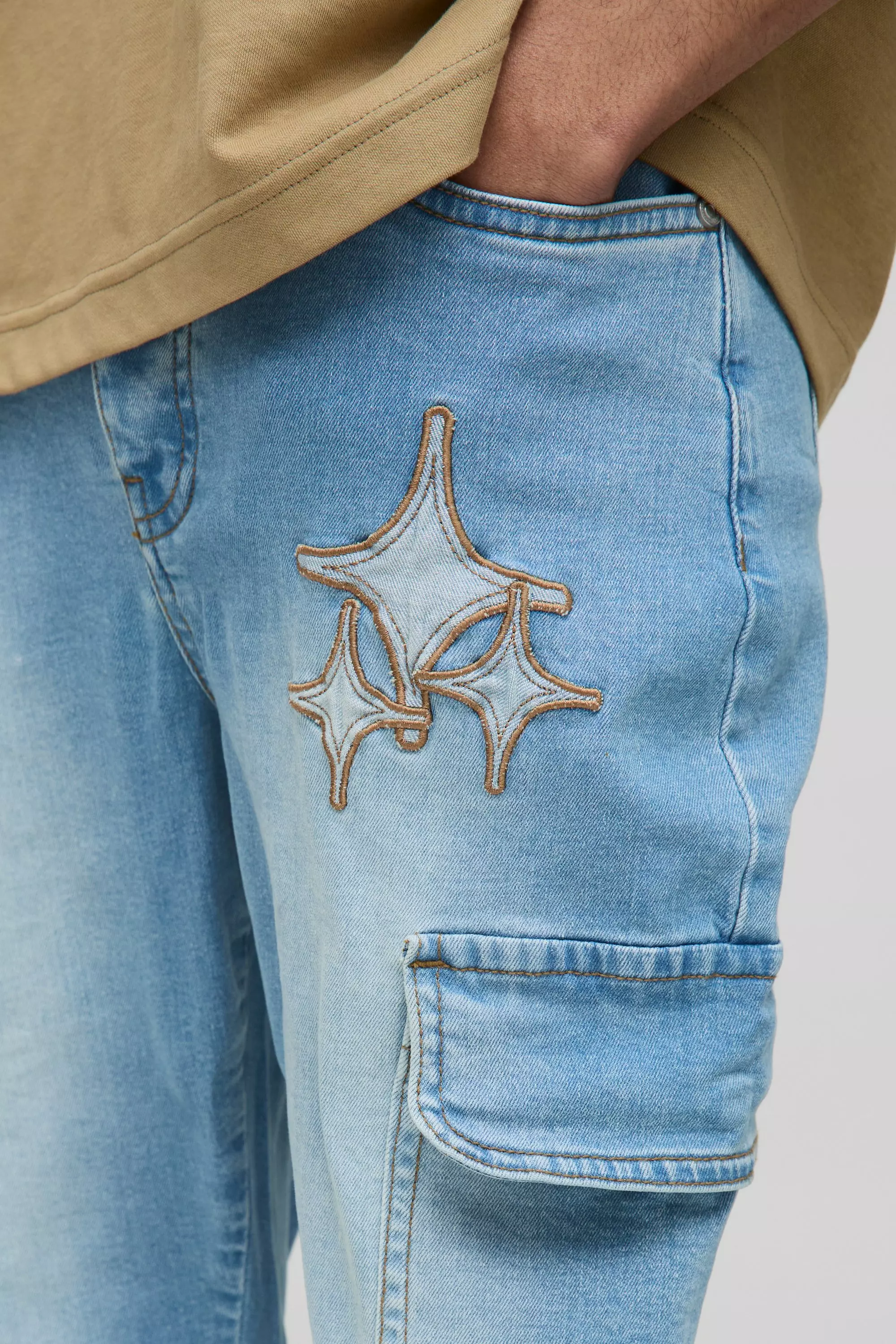Skinny Star Applique Cargo Jeans | boohooMAN USA