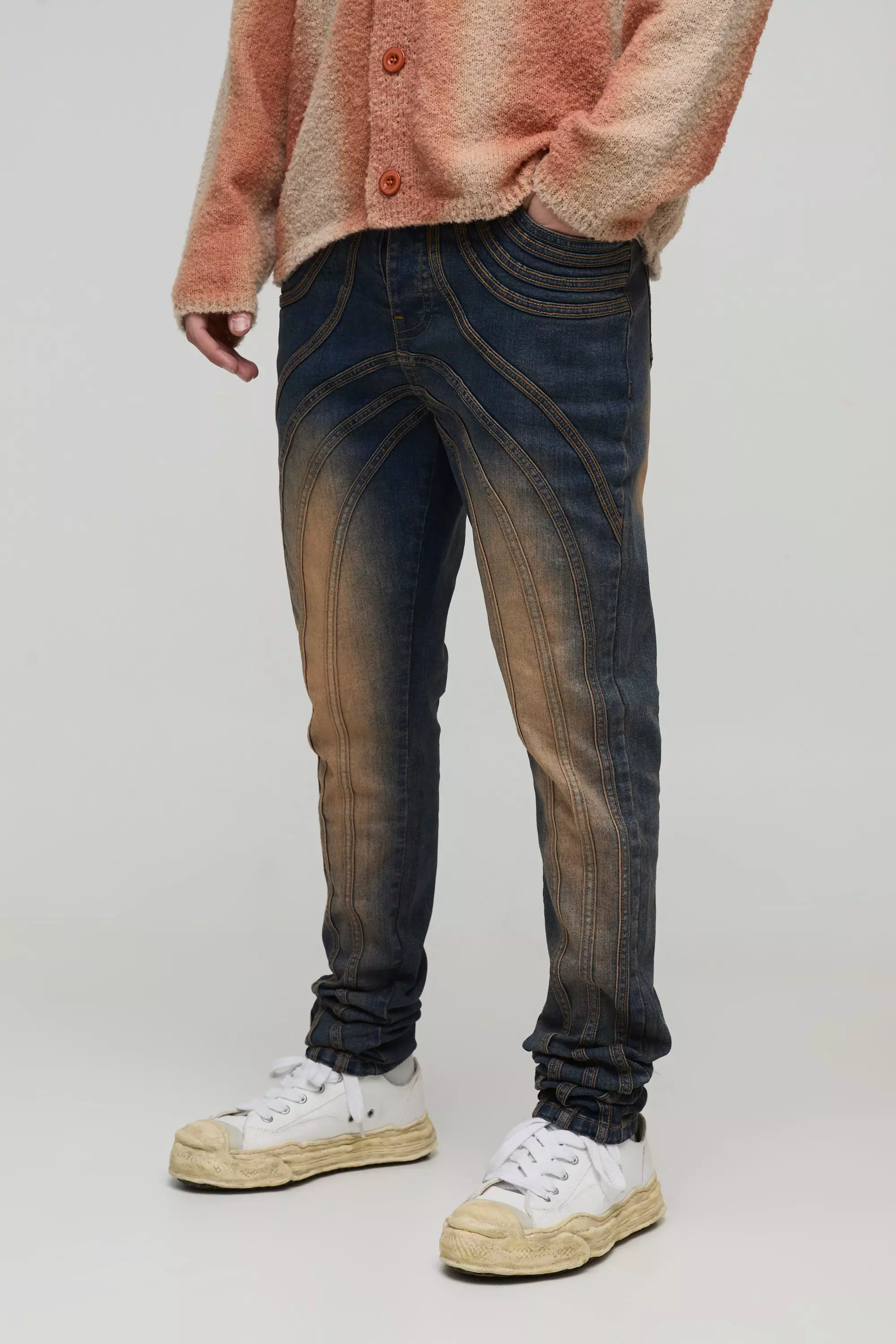 Skinny Stacked Washed Panelled Biker Jeans Antique wash