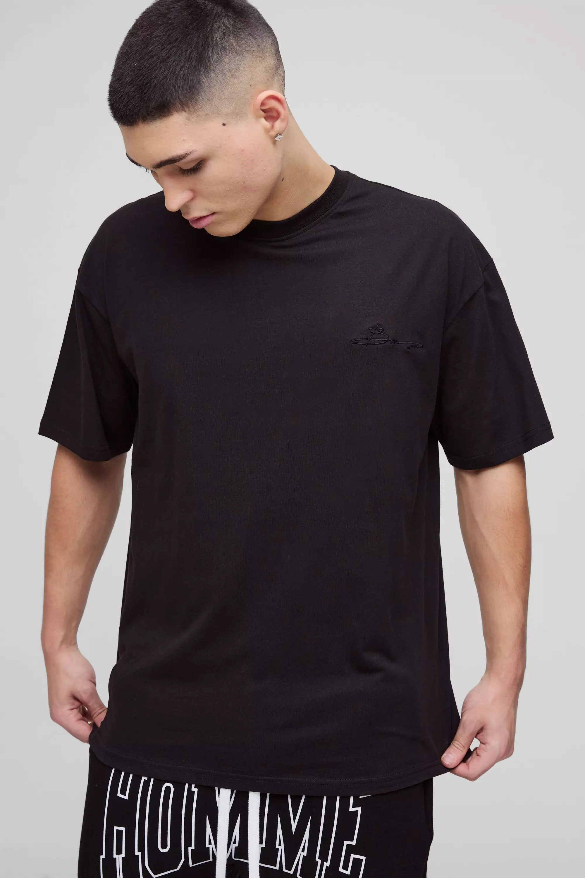 Black Oversized BM Signature Embroidered Crew Neck T-shirt