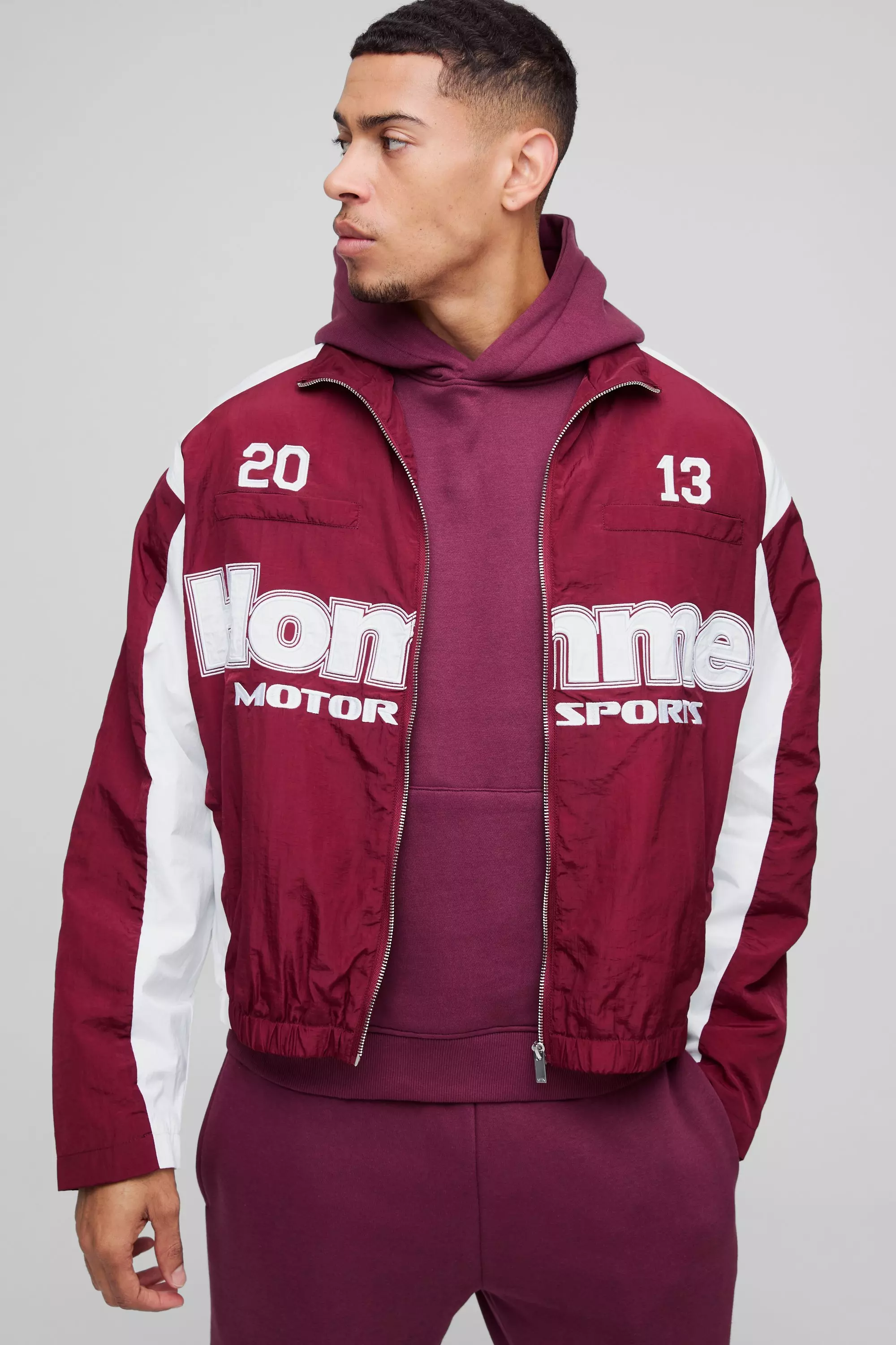 Homme Colour Block Funnel Neck Crinkle Nylon Track Jacket Burgundy