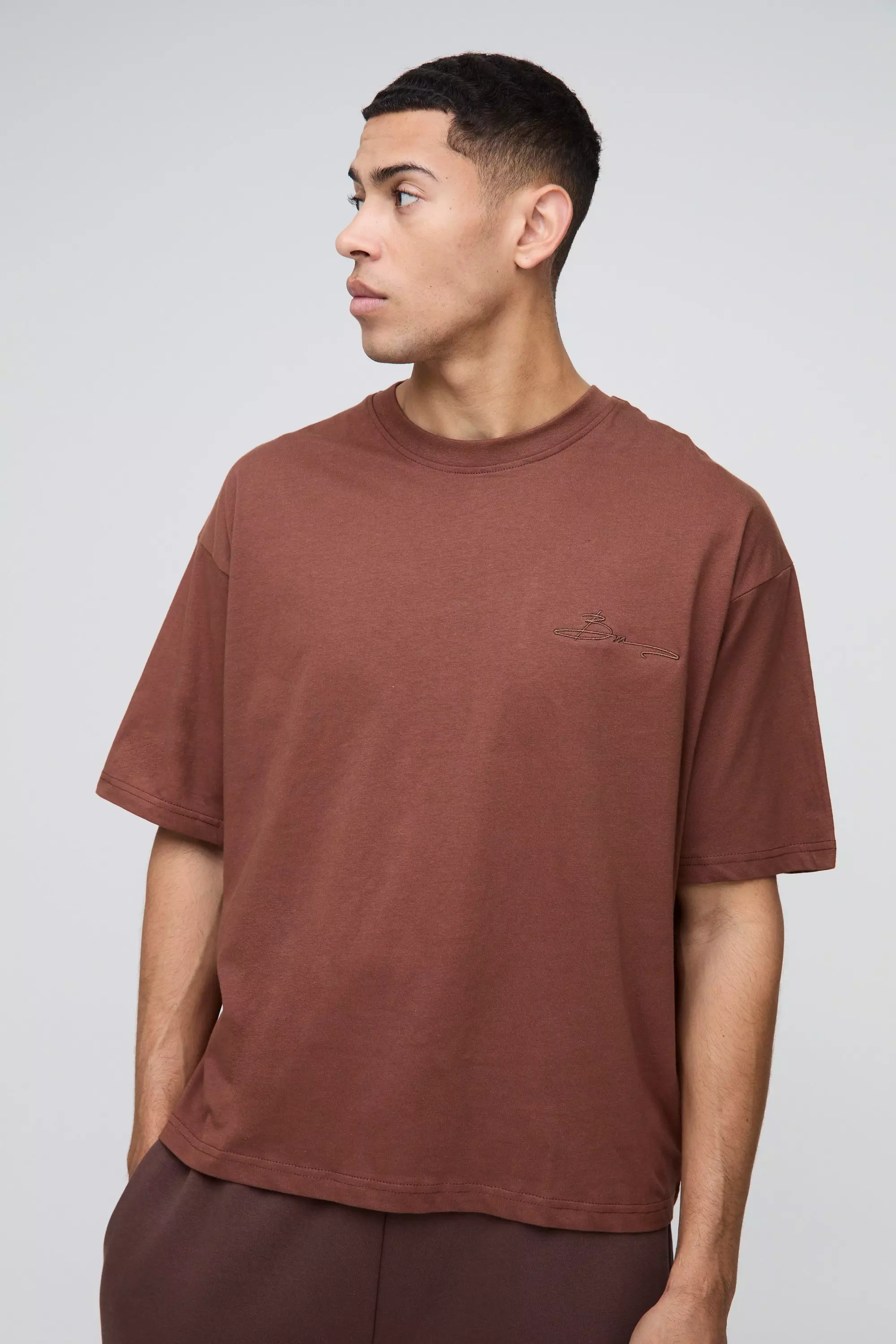 Oversized Boxy BM Signature Embroidered T-shirt Chocolate