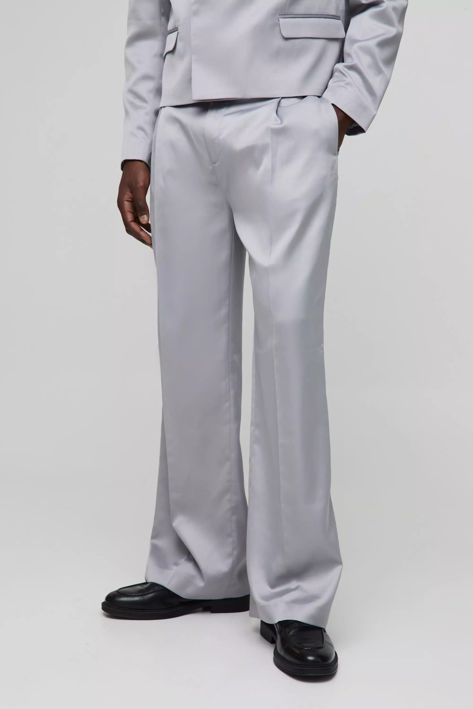 Grey Wide Leg Pleat Front Satin Tailored Pants alternative image