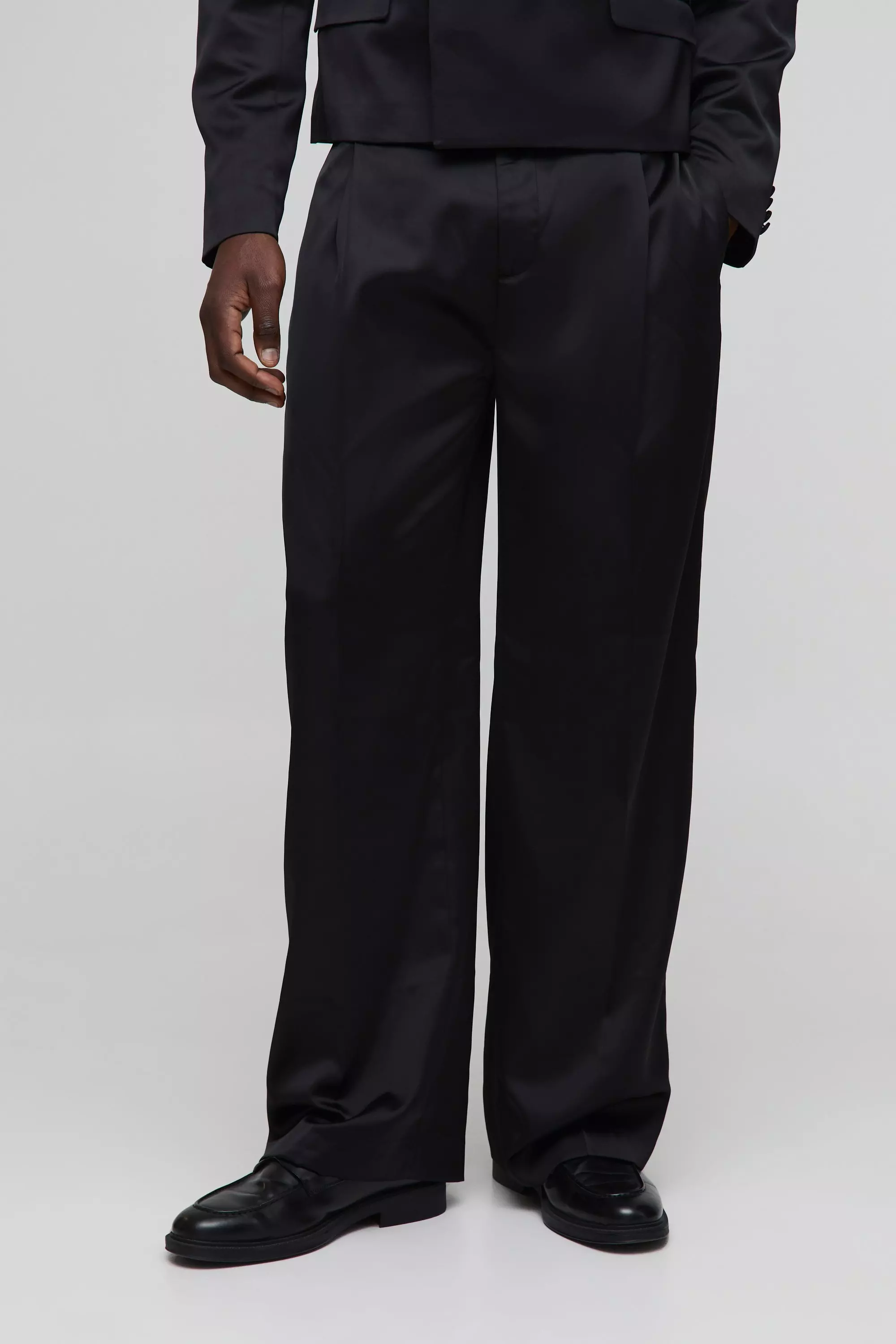 Black Wide Leg Pleat Front Satin Tailored Pants alternative image