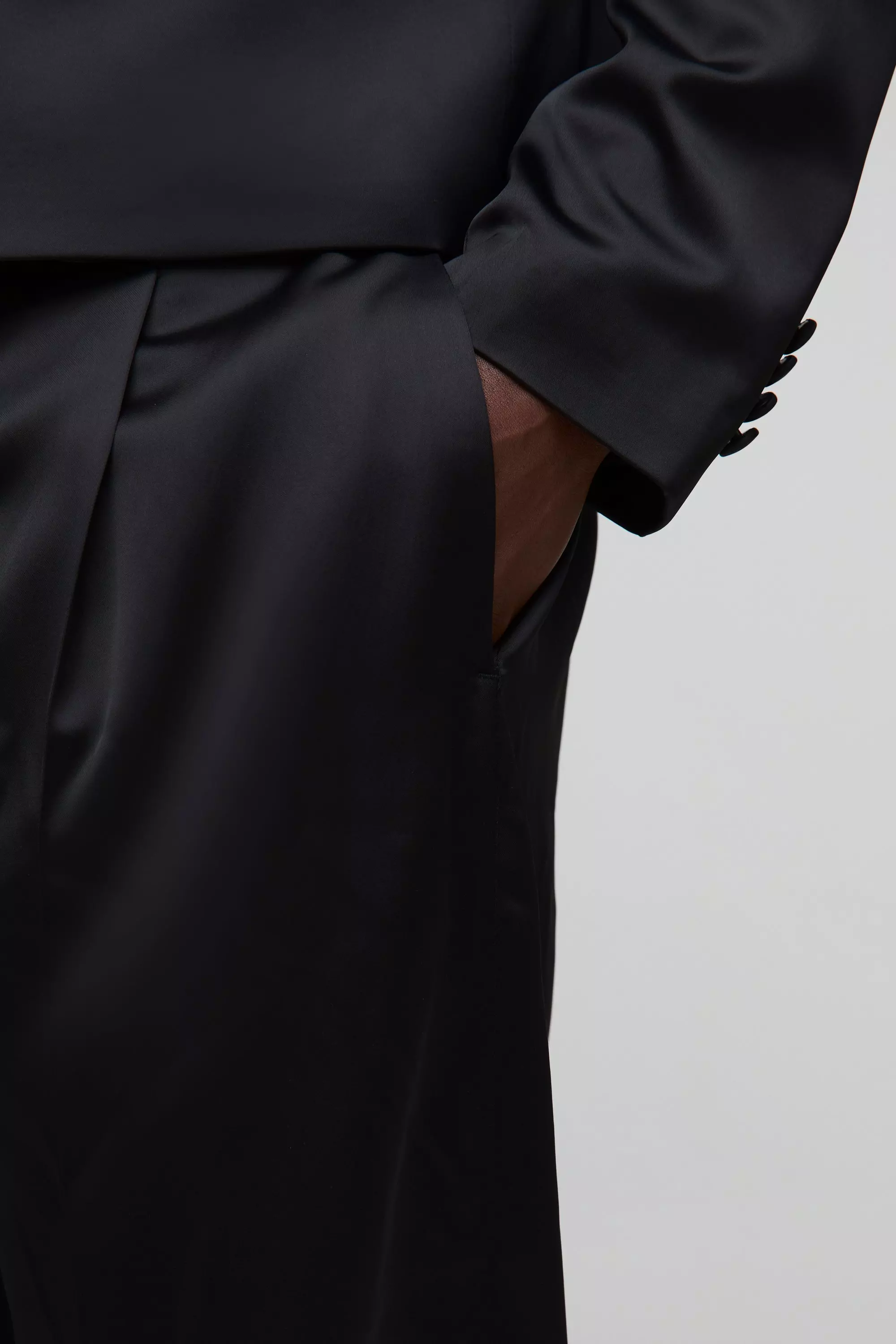 Black Wide Leg Pleat Front Satin Tailored Pants alternative image
