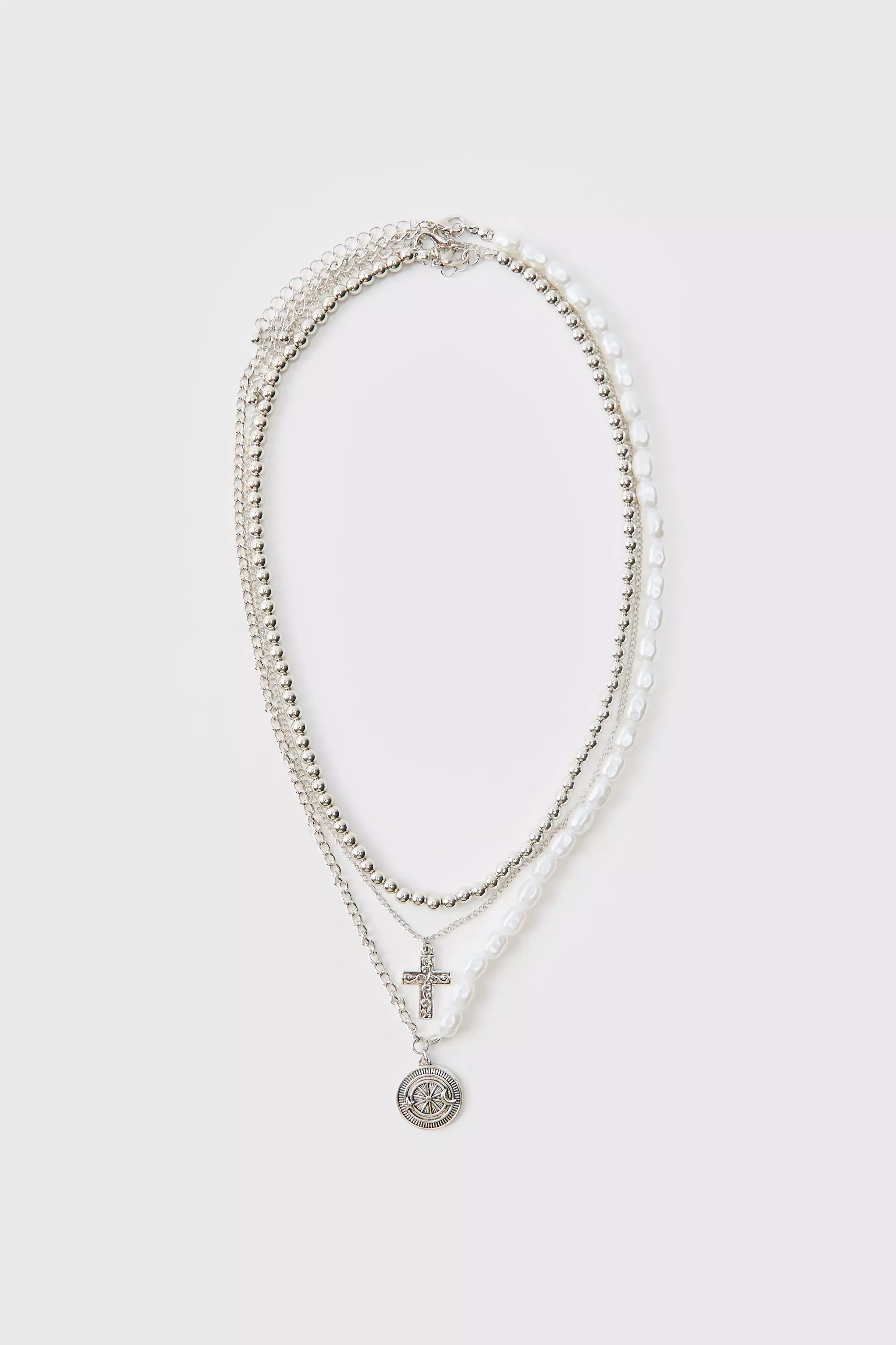 Layered Pearl Necklace With Pendants Silver