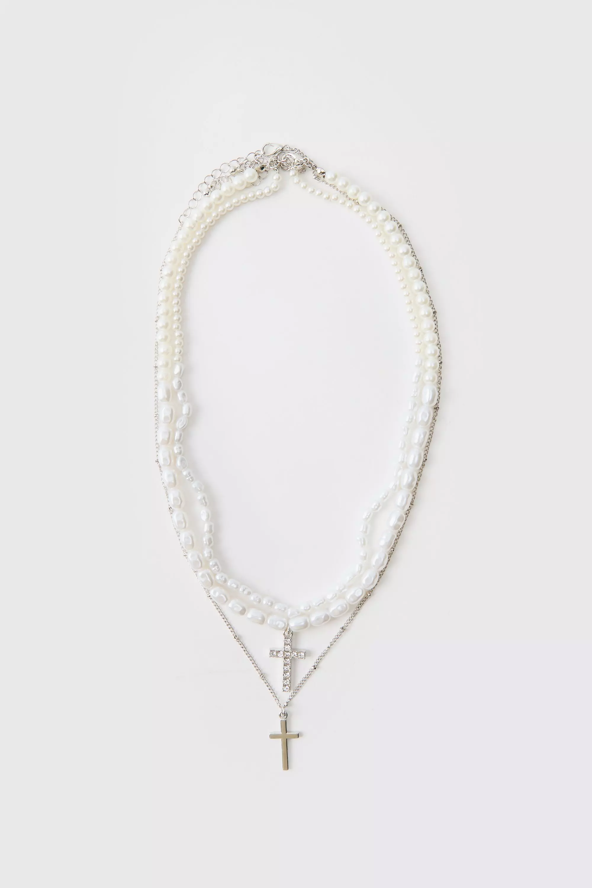 Silver Dubbele Parel Ketting Met Kruis alternatieve afbeelding