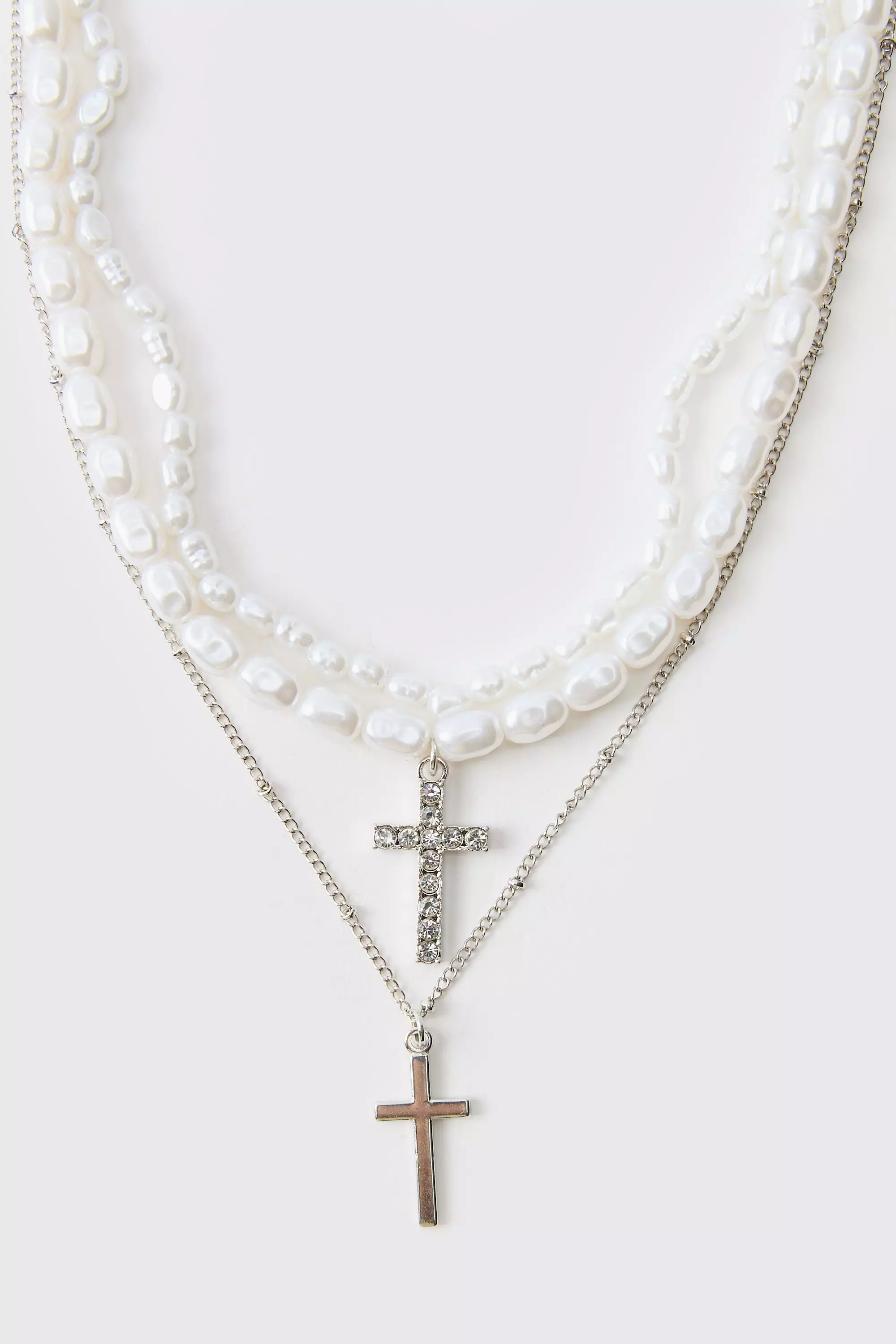 Silver Dubbele Parel Ketting Met Kruis alternatieve afbeelding
