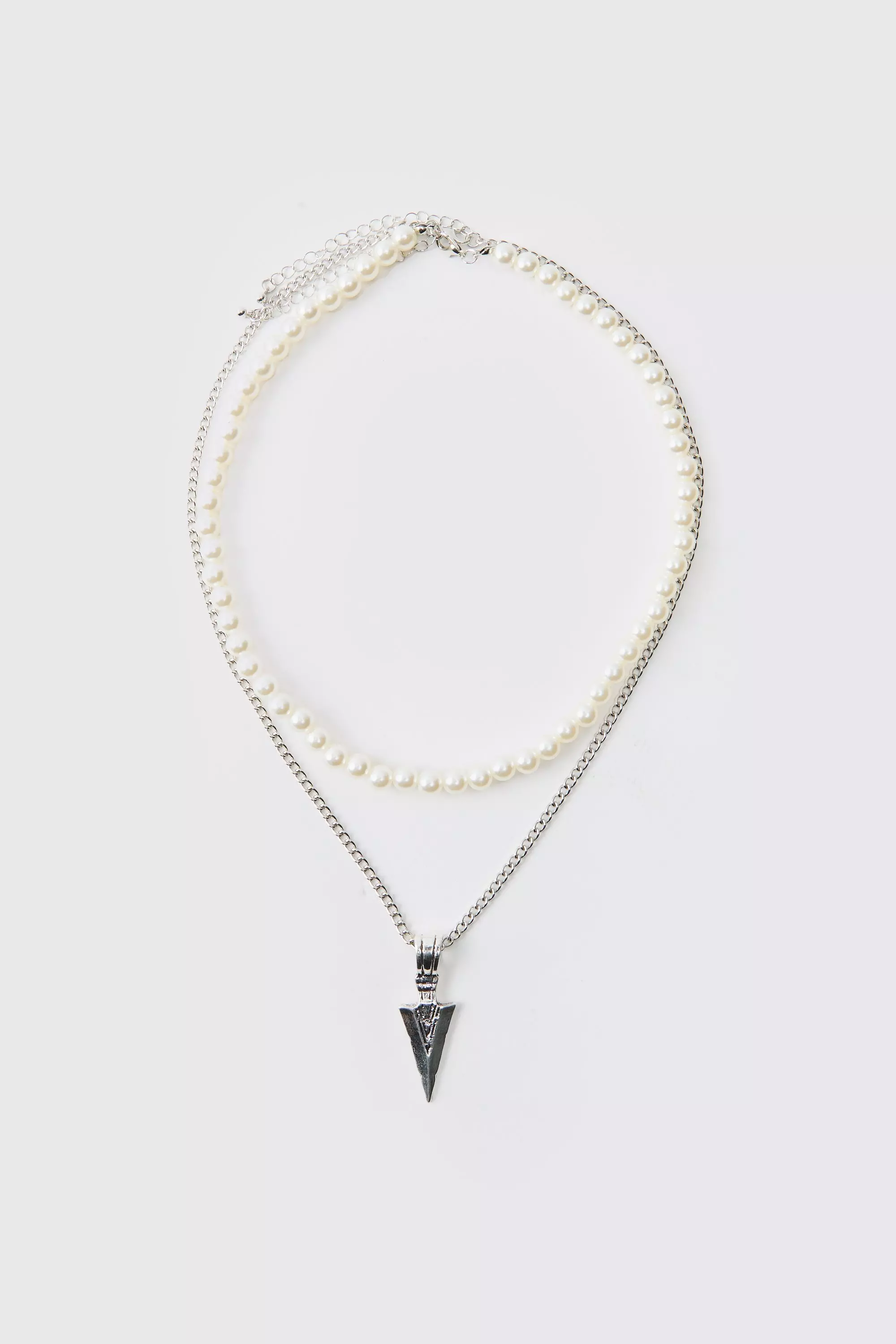 Silver Layered Pearl Necklace With Spike Charm