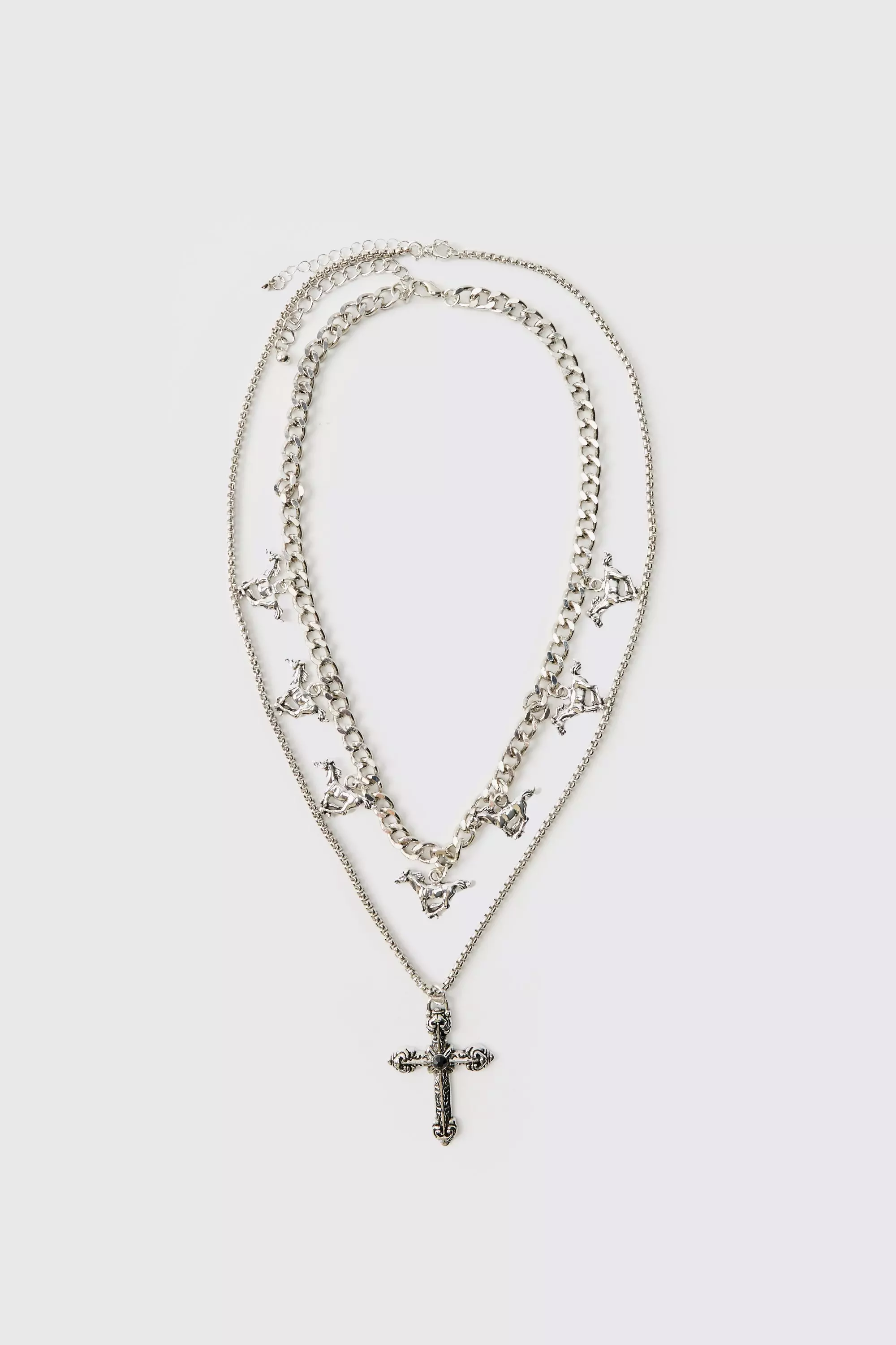 Silver Layered Cross Necklace With Charms alternative image