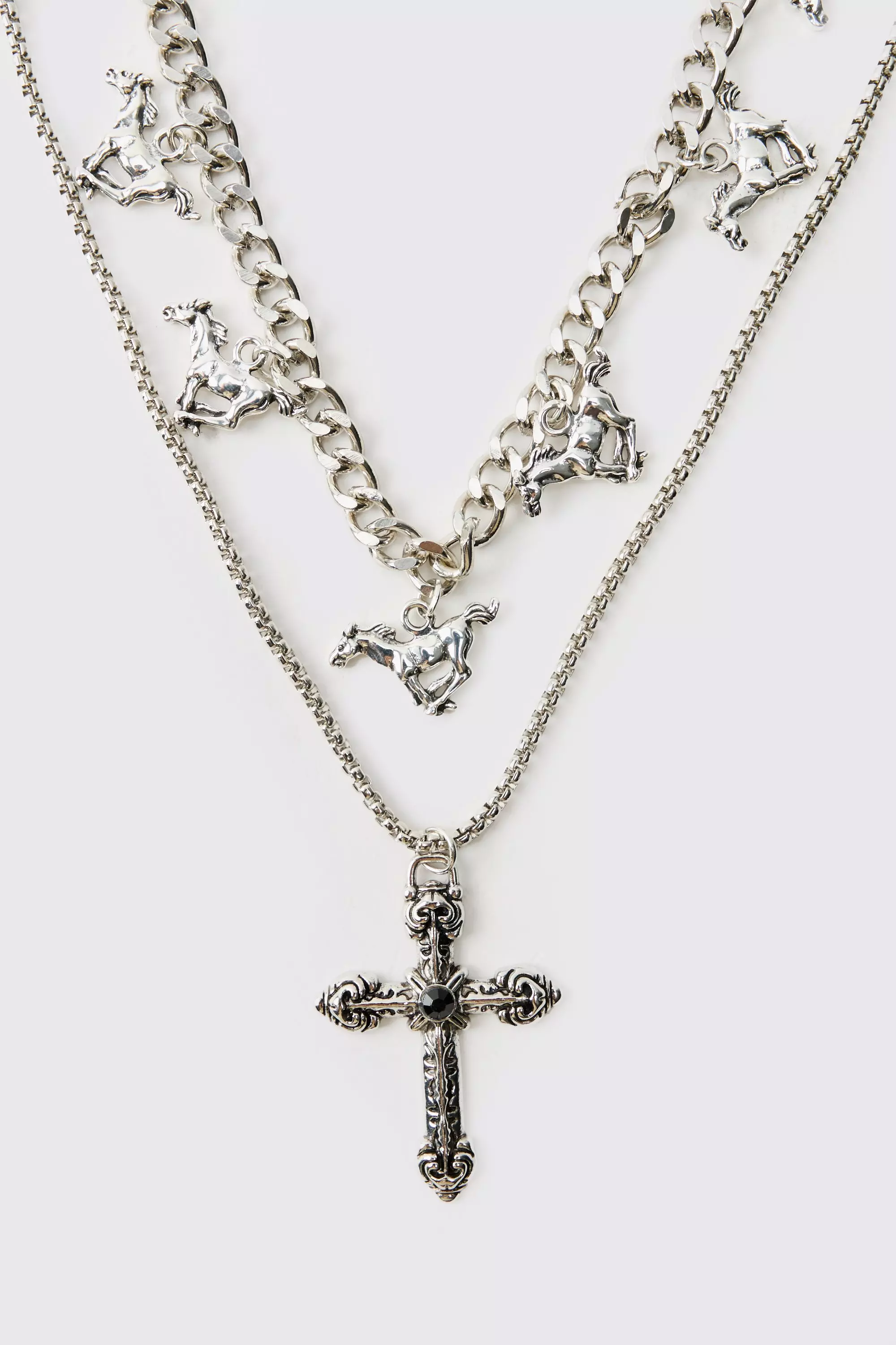 Silver Layered Cross Necklace With Charms alternative image