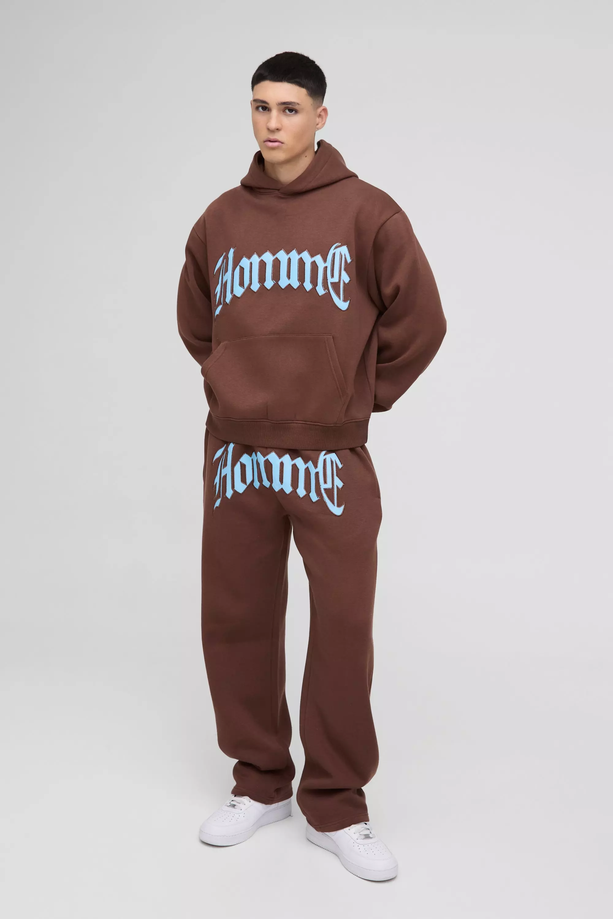 Oversized Boxy Homme PU Applique Hooded Tracksuit | boohooMAN USA