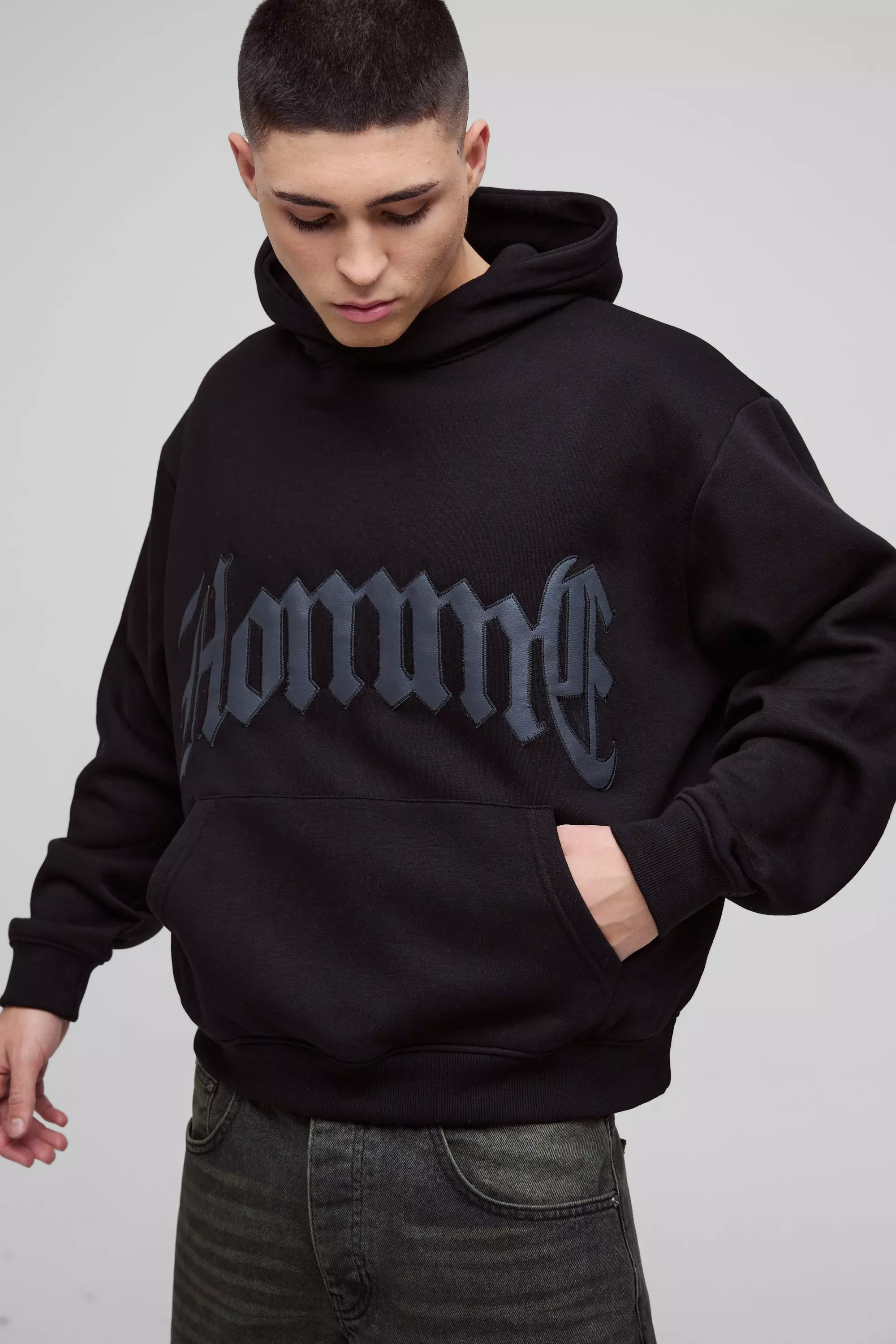 Oversized Boxy Homme PU Applique Hoodie Black