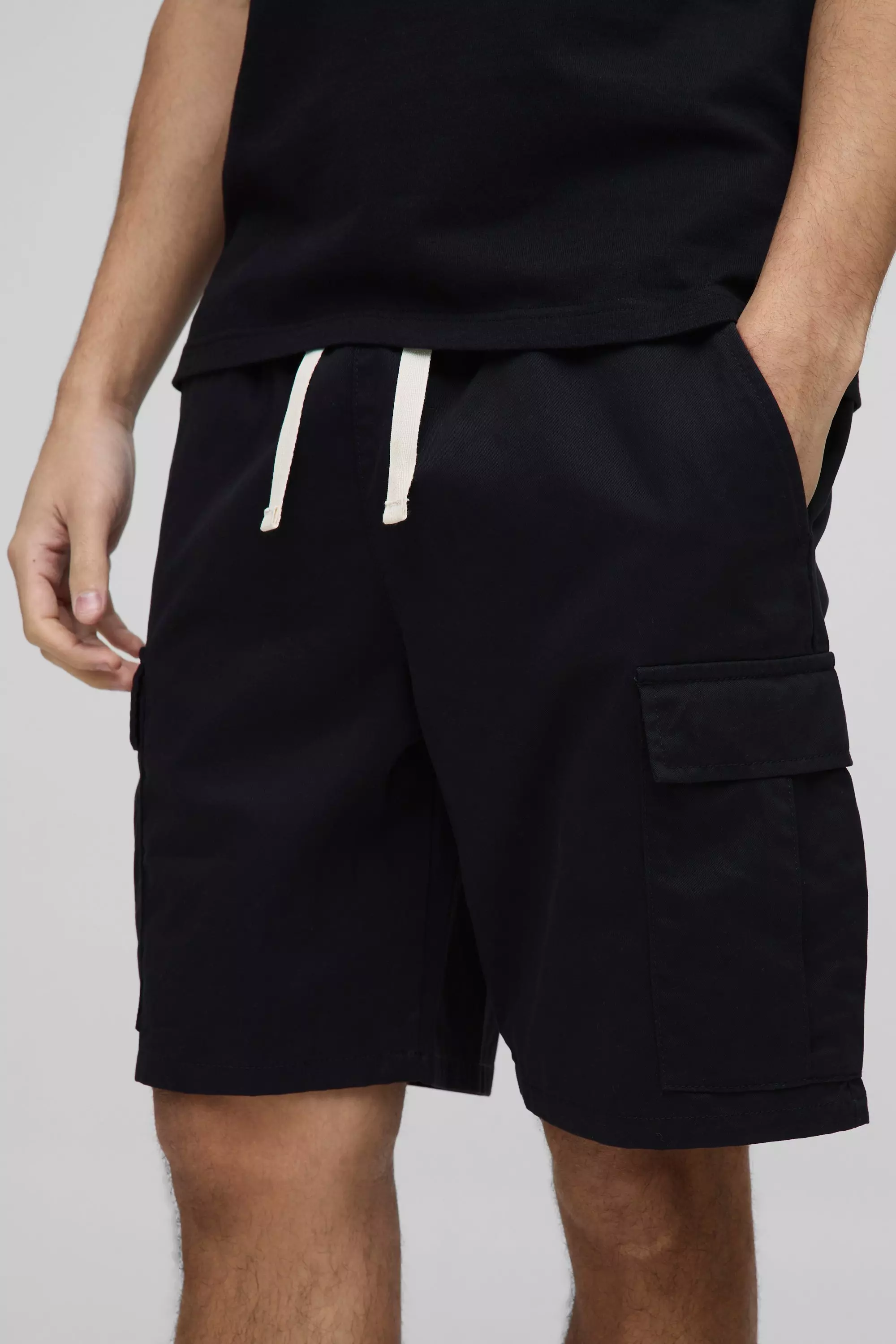 Short cargo slim noir à taille élastiquée, Black autre image