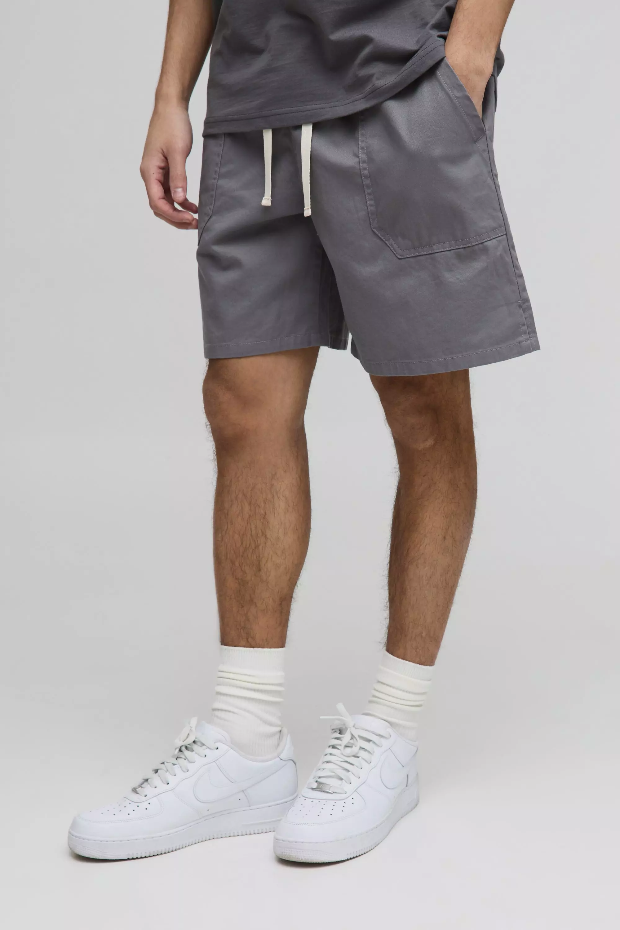 Grey Elasticated Baggy Twill Split Hem Shorts alternative image
