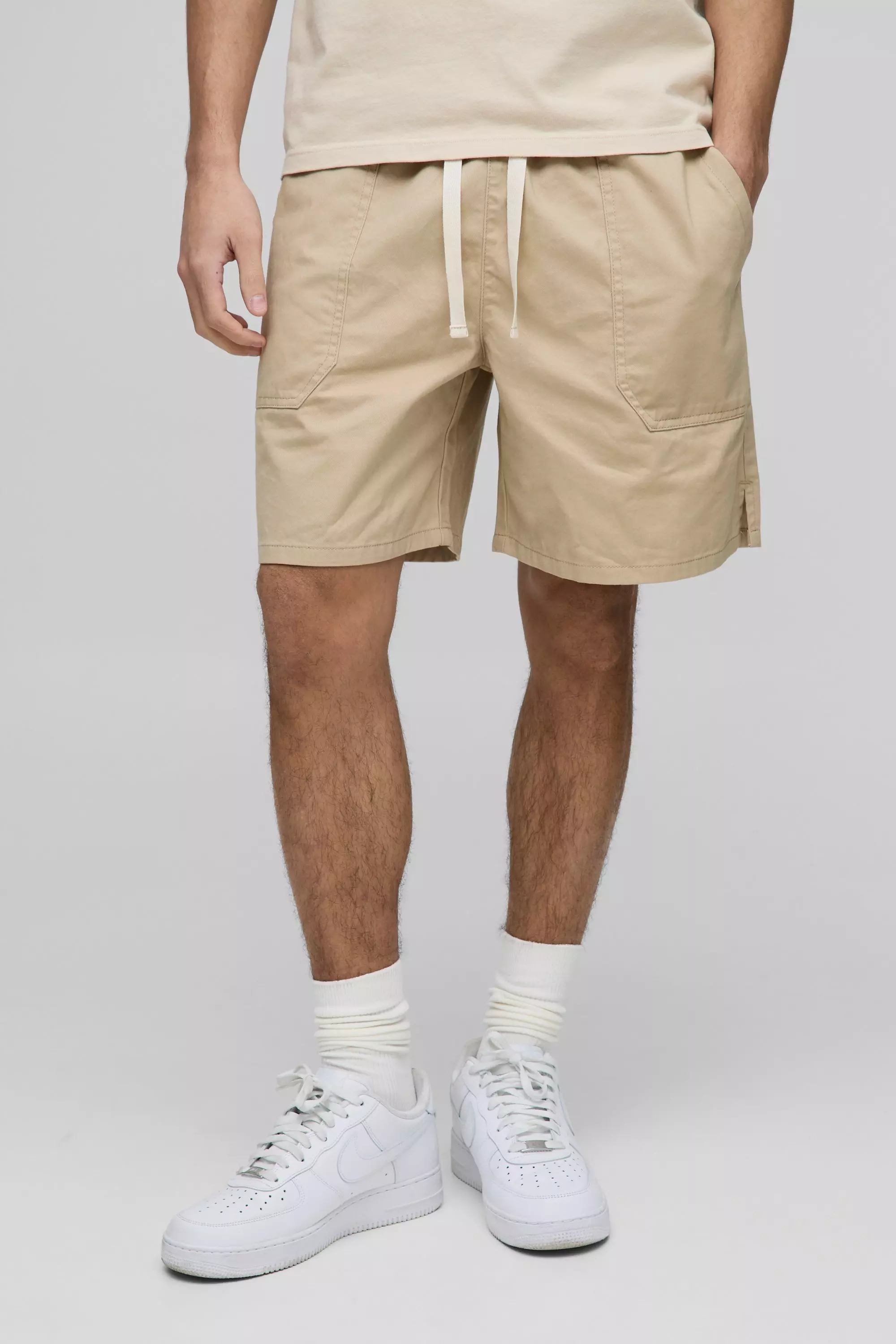 Sand Elasticated Baggy Twill Split Hem Shorts alternative image