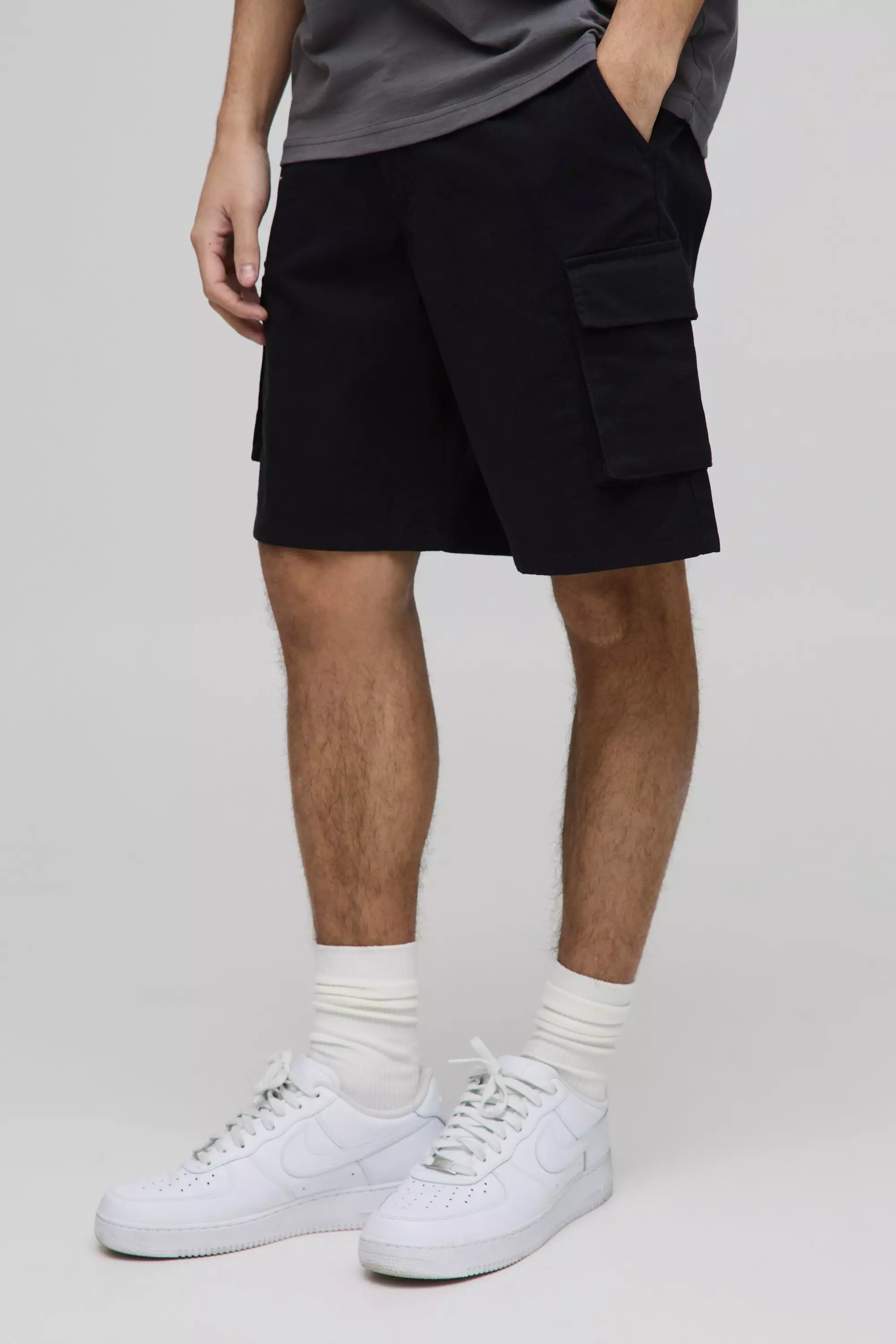 Black Fixed Waist Baggy Cargo Twill Shorts alternative image