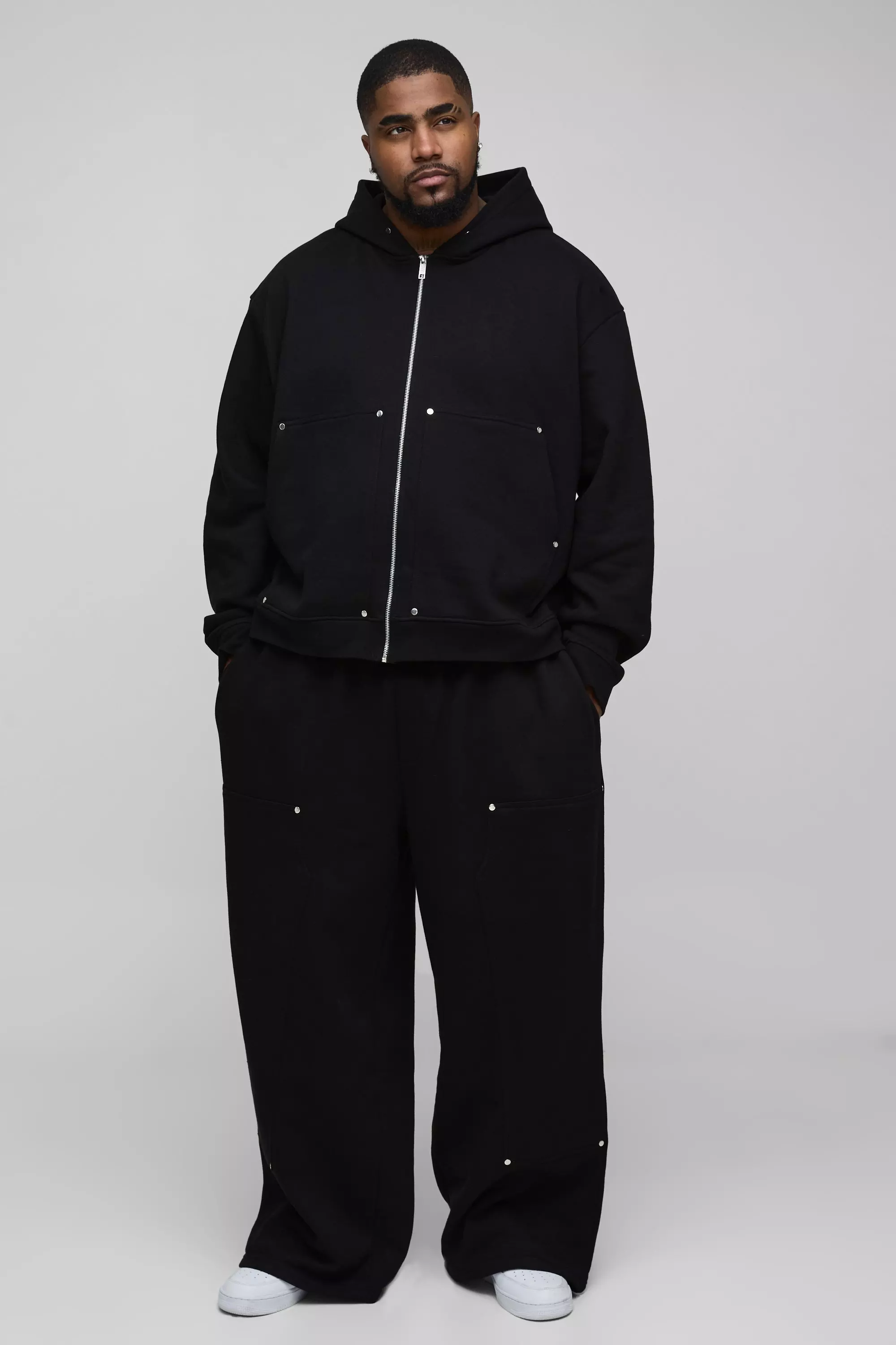 Black Plus Oversized Heavyweight Carpenter Wide Leg Tracksuit