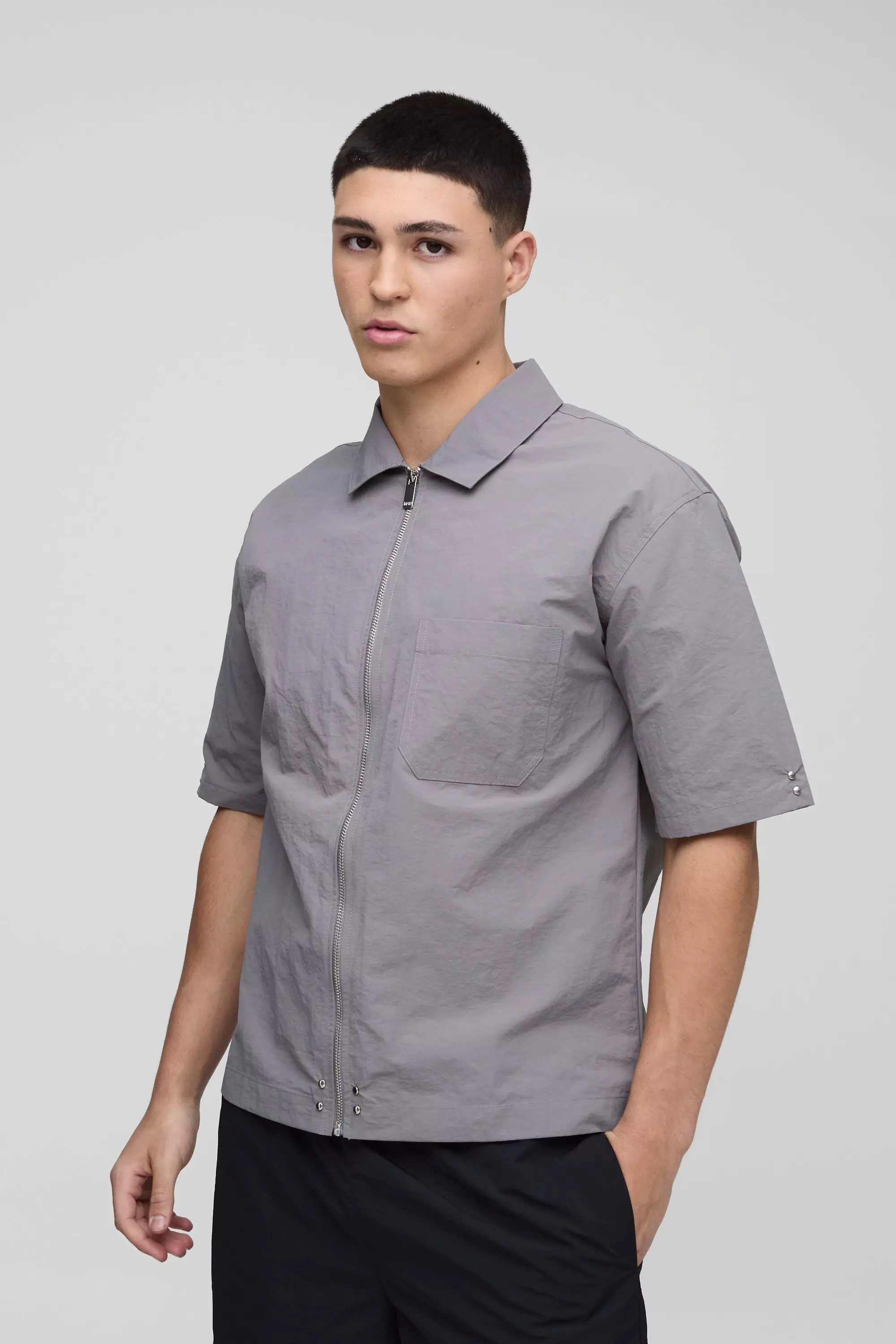 Chemise oversize zippée en nylon à manches 3/4, Light grey autre image