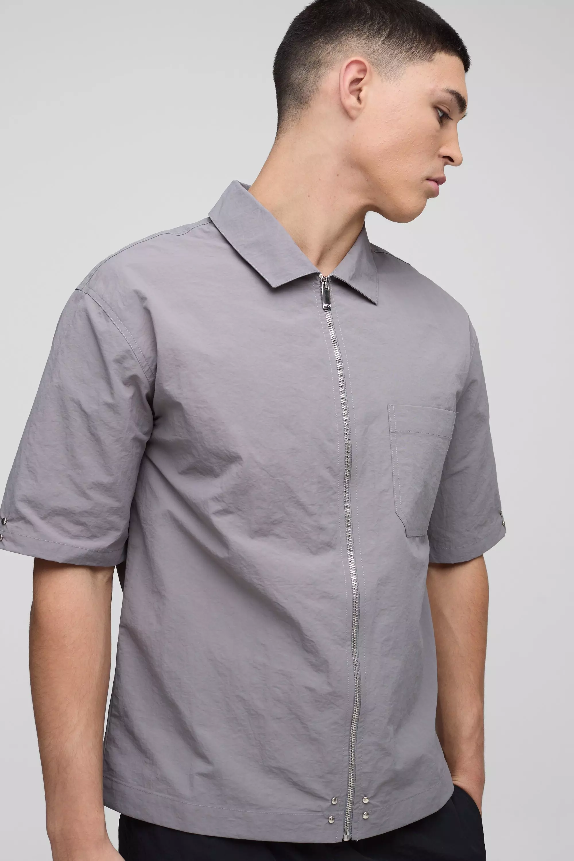 Chemise oversize zippée en nylon à manches 3/4, Light grey autre image