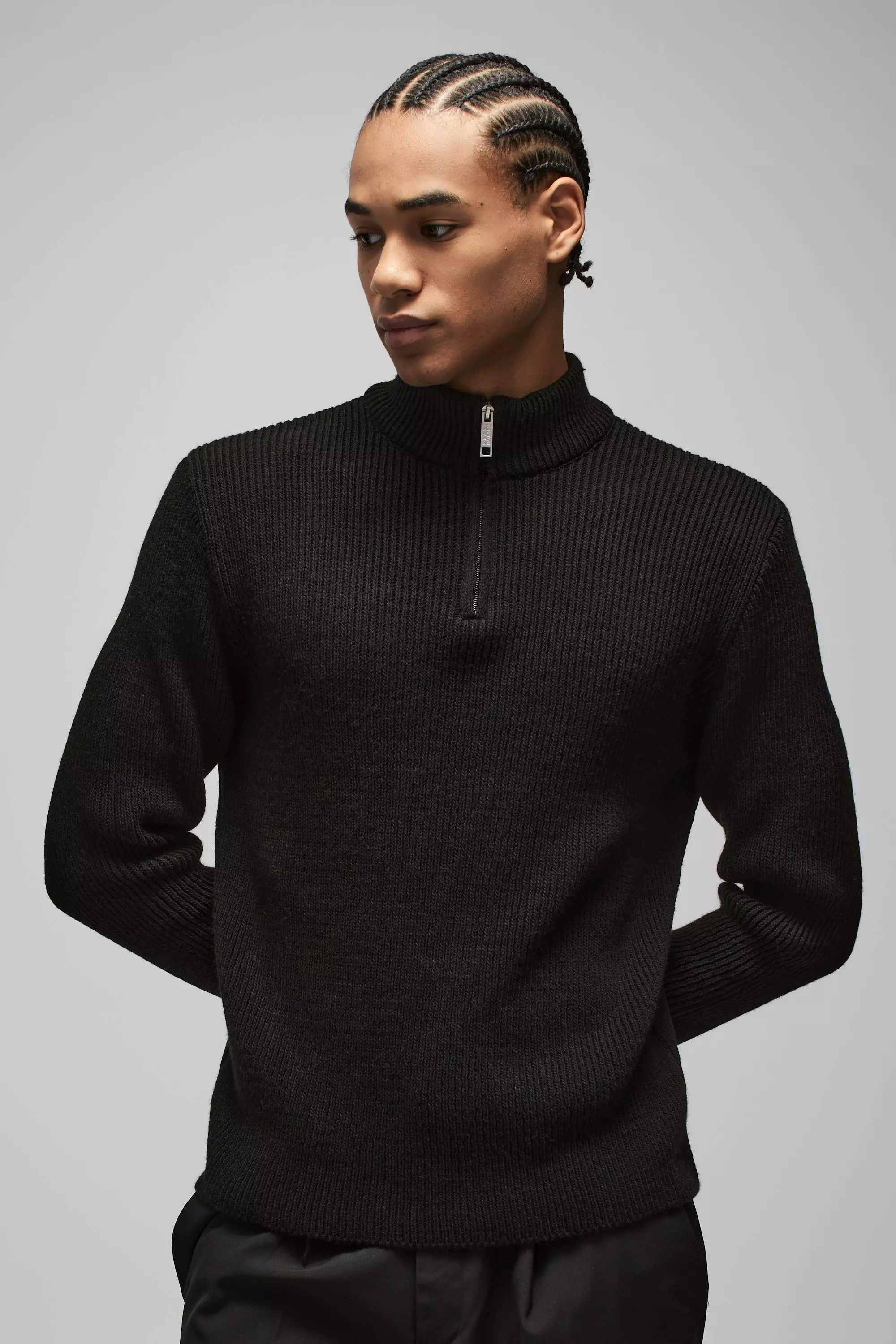 Black Regular Ribbed Stand Up Collar Knitted Sweater