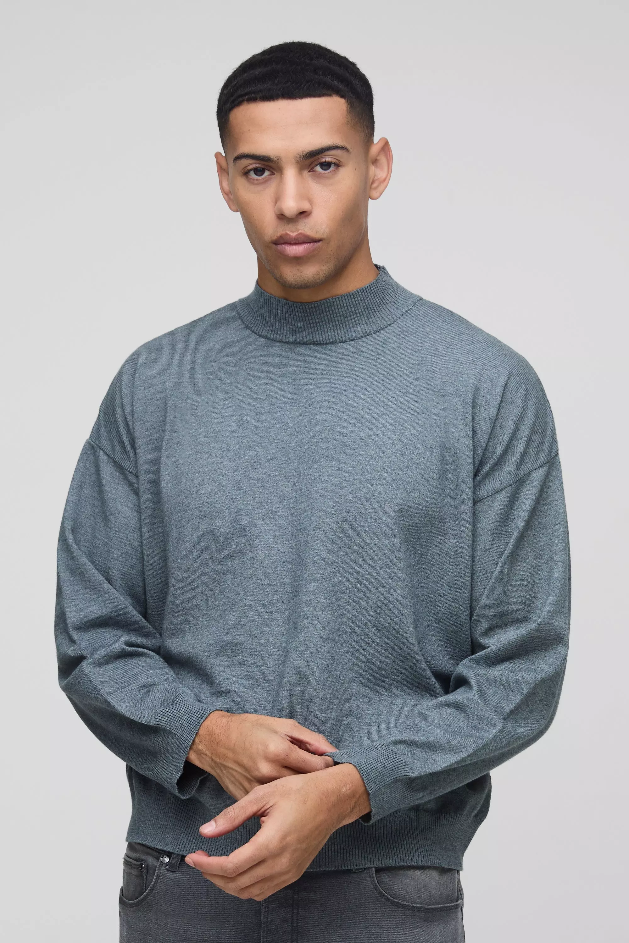 Charcoal Relaxed Mock Neck Knitted Sweater alternative image