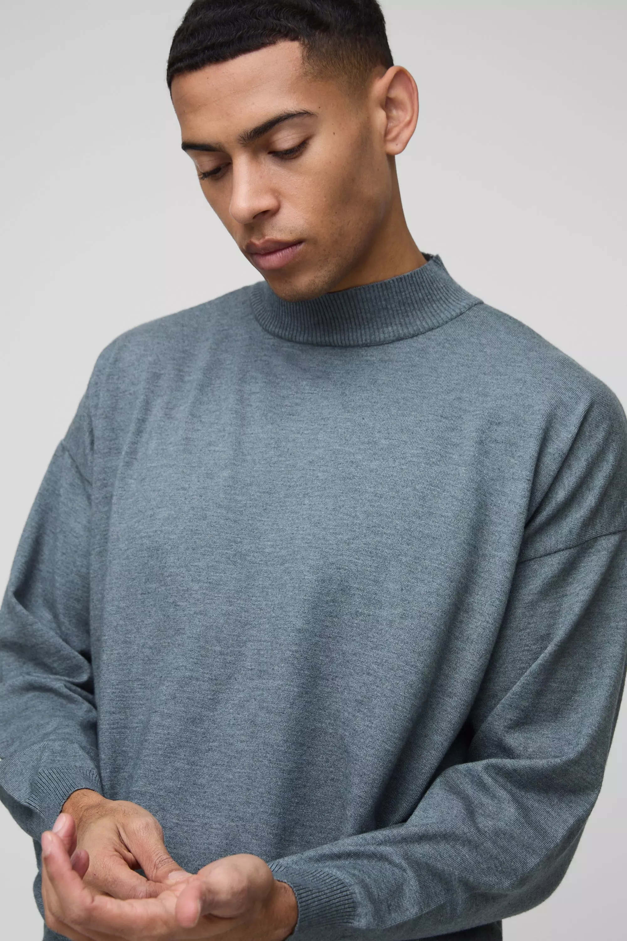 Charcoal Relaxed Mock Neck Knitted Sweater alternative image