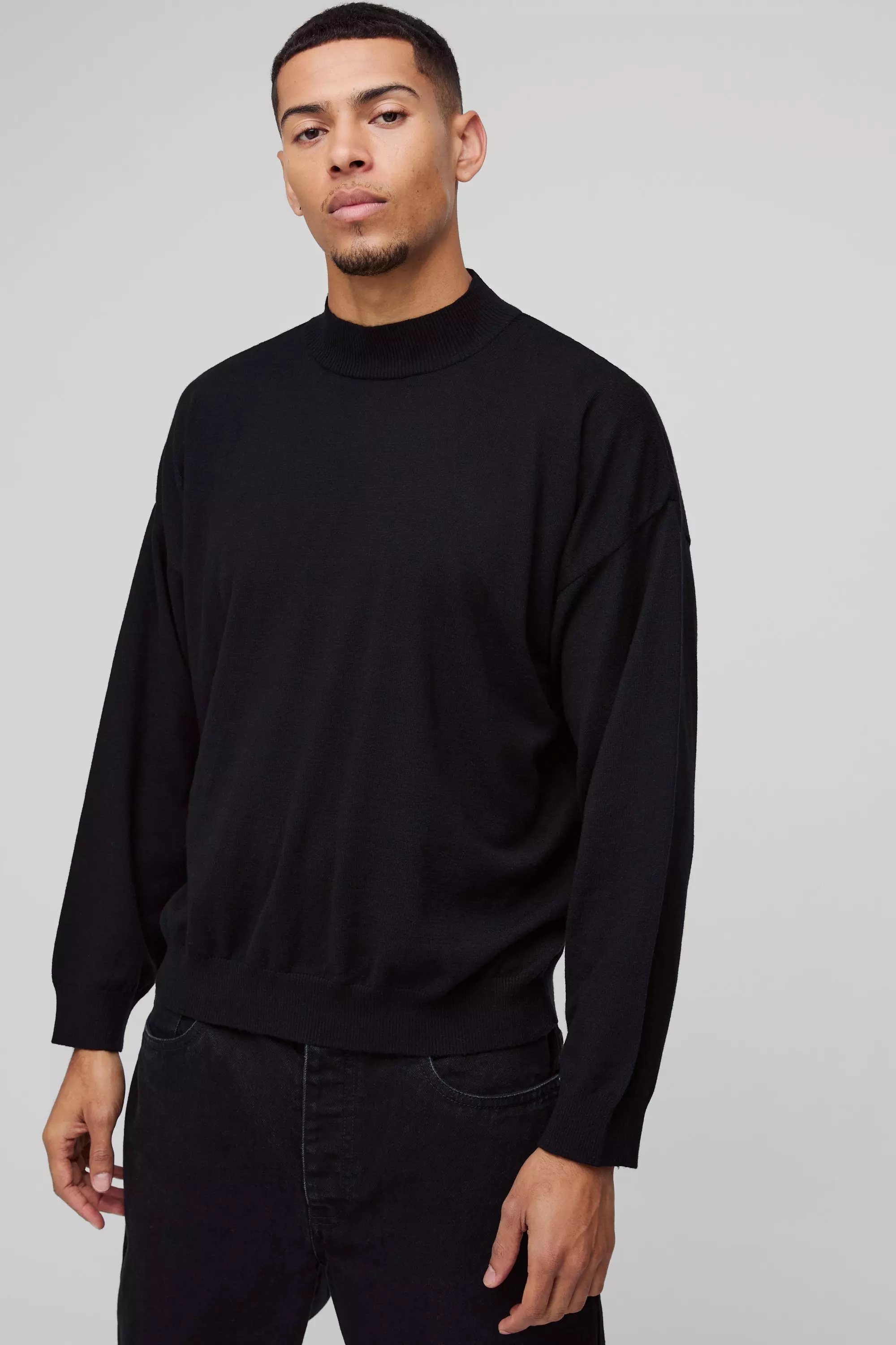 Black Relaxed Mock Neck Knitted Sweater