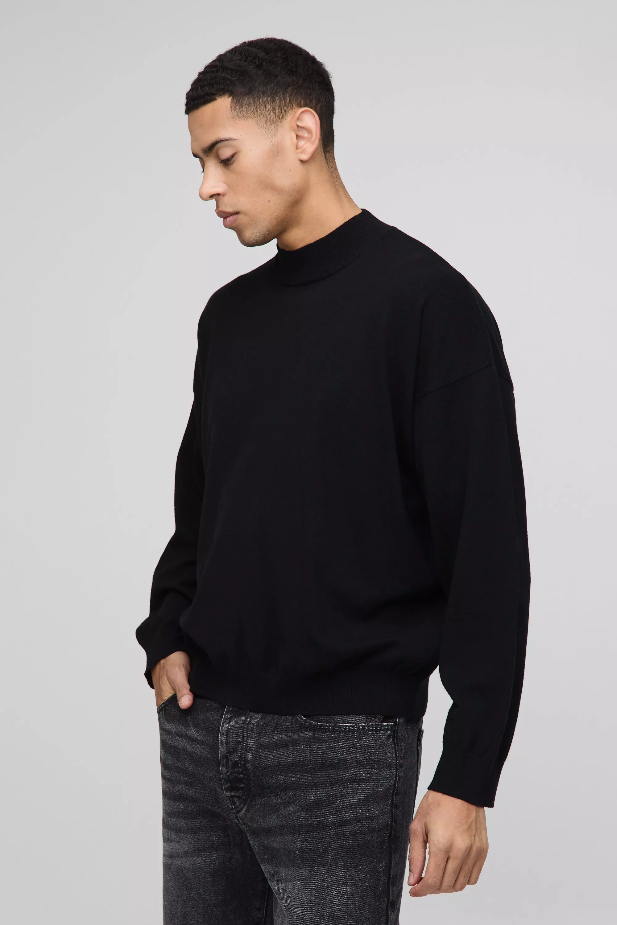 Black Gebreide Baggy Trui Met Nepwollen Hals alternatieve afbeelding