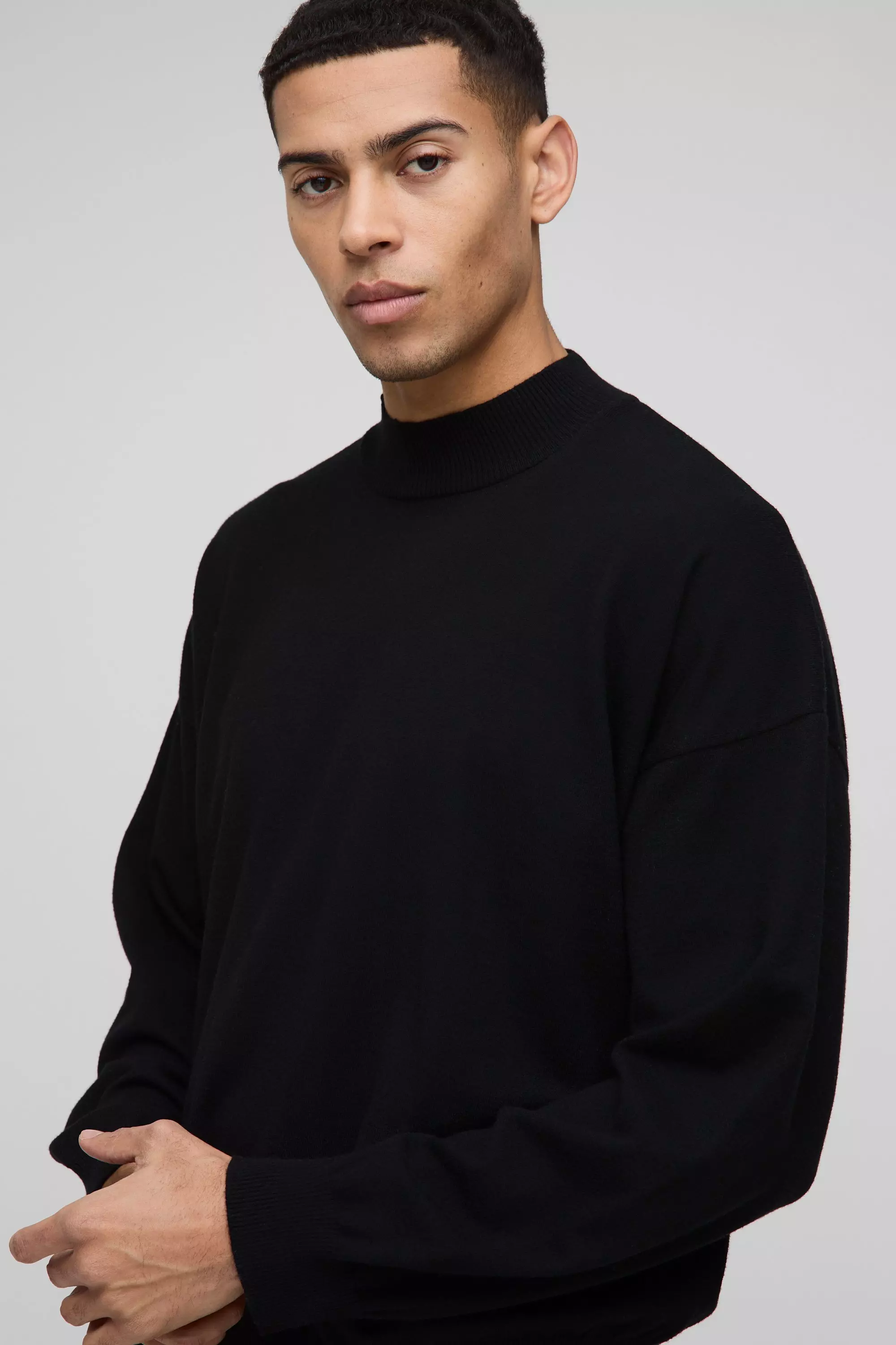 Black Gebreide Baggy Trui Met Nepwollen Hals alternatieve afbeelding