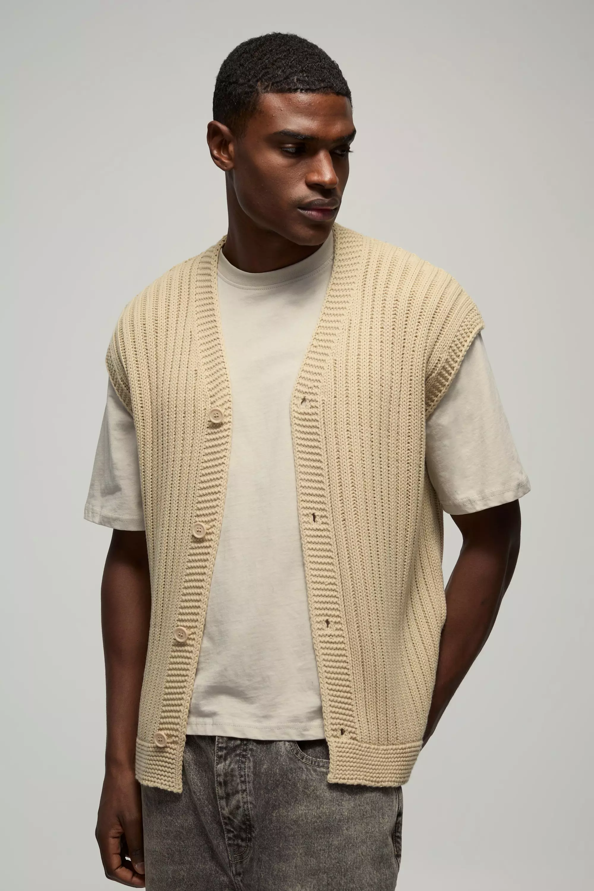 Ecru Oversized V Neck Knitted Undershirt alternative image